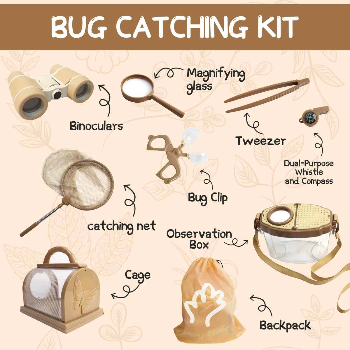 Bug Catcher for Kids Explorer Kit Kids Bug Catching Kit, Bug Catcher Kit for Kid with Binoculars, Magnifying Glass, Butterfly Kit for Aged 3+ (Brown)