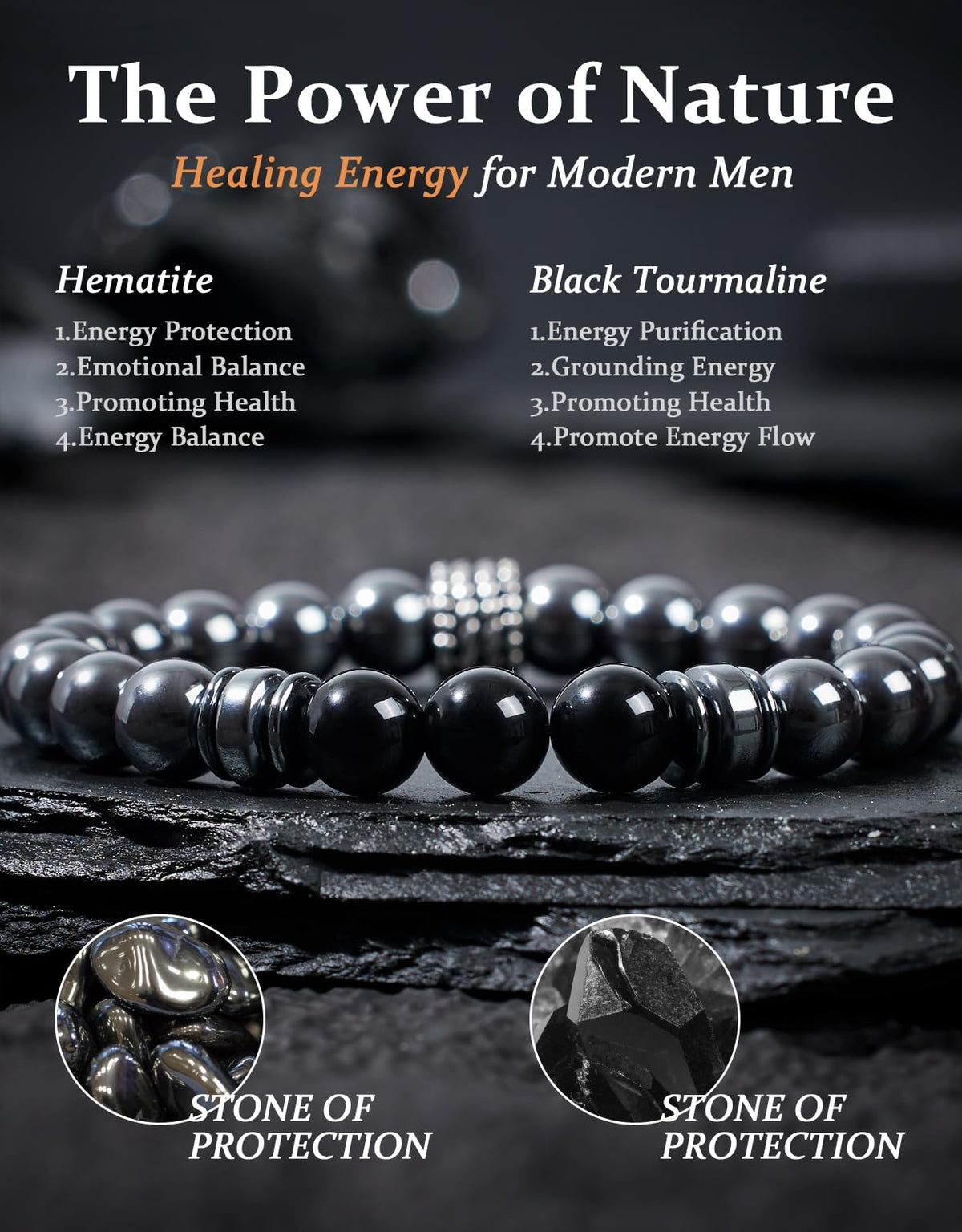 Landorilo Gifts for Men, 8mm Natural Stone Beaded Bracelets, Hematite & Tourmaline Healing Bracelet, Handmade Mens Jewelry Gift for Him, Husband, Son, Father, Friend(Happy Birthday-7.5in)