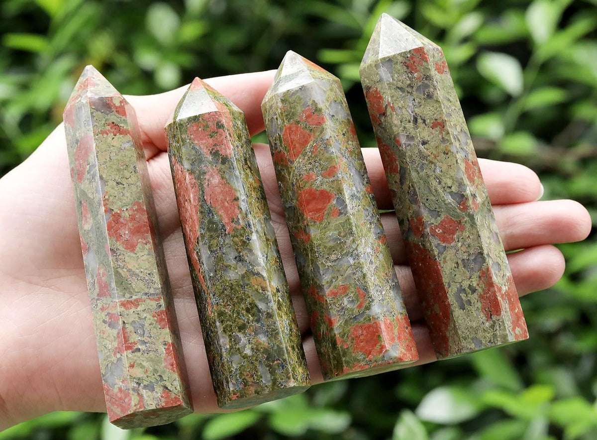 LAIDANLA Unakite Healing Crystals Wands 3.5-4" Natural Reiki Energy Wand Stone Hexagonal Point Obelisk Large Crystal Gemstones for Meditation Therapy Crystal Grid Decoration 1Pcs