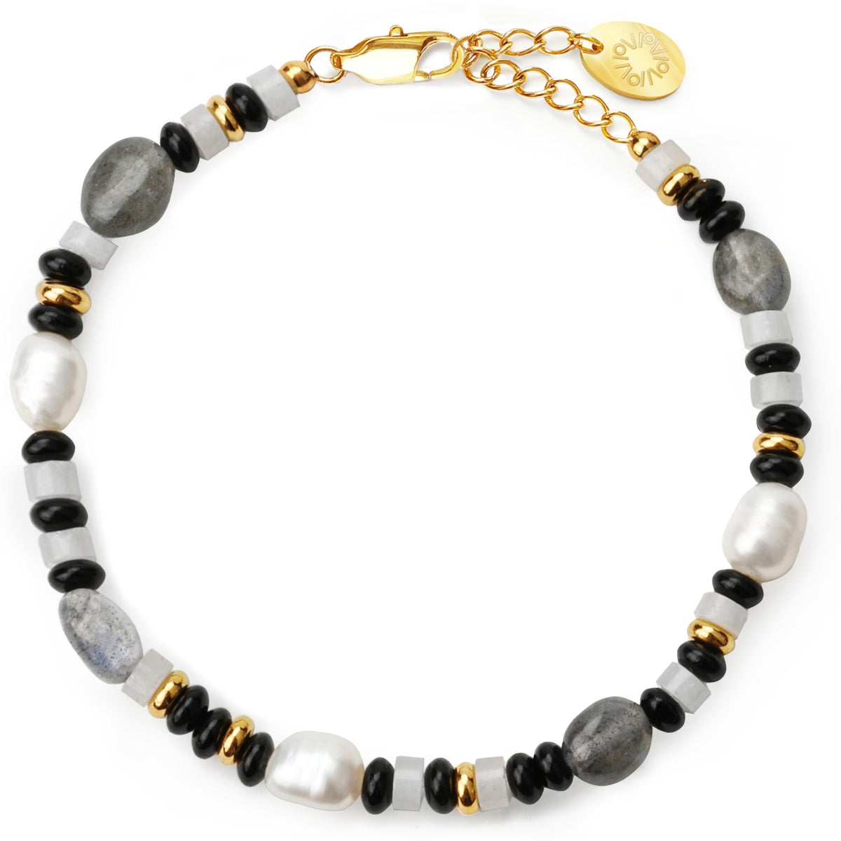 Natural Gemstone & Freshwater Pearl Bracelet for Women, 18K Gold PVD-Coated, Labradorite, Black & White Chalcedony(Large)
