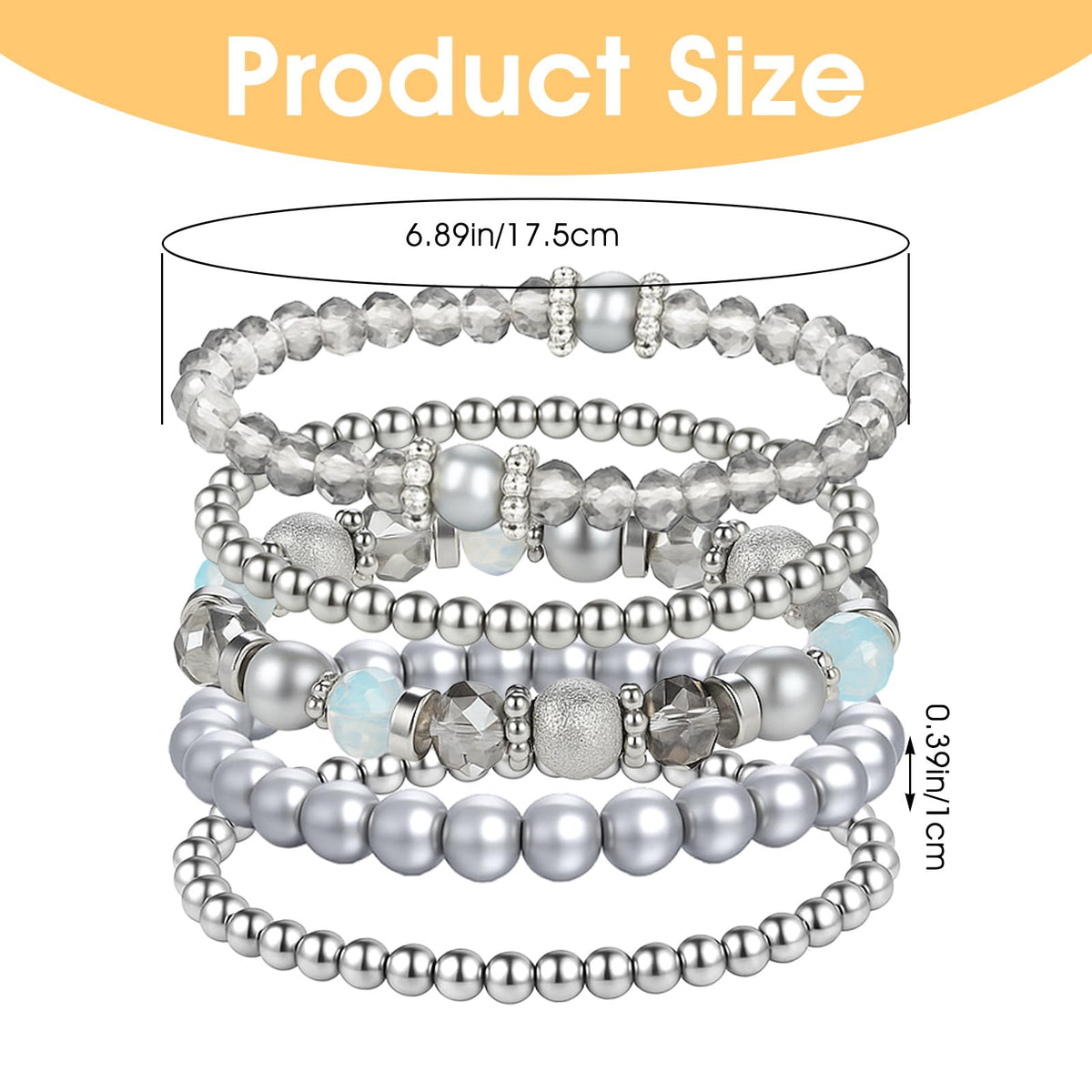 Heclia Beaded Stretch Bracelets Silver Stackable Crystal Beads Bracelets 5PCS Beaded Boho Stretch Bracelet Layering Crystal Stone Bead Bracelet Trendy Costume Jewelry Gifts for Women