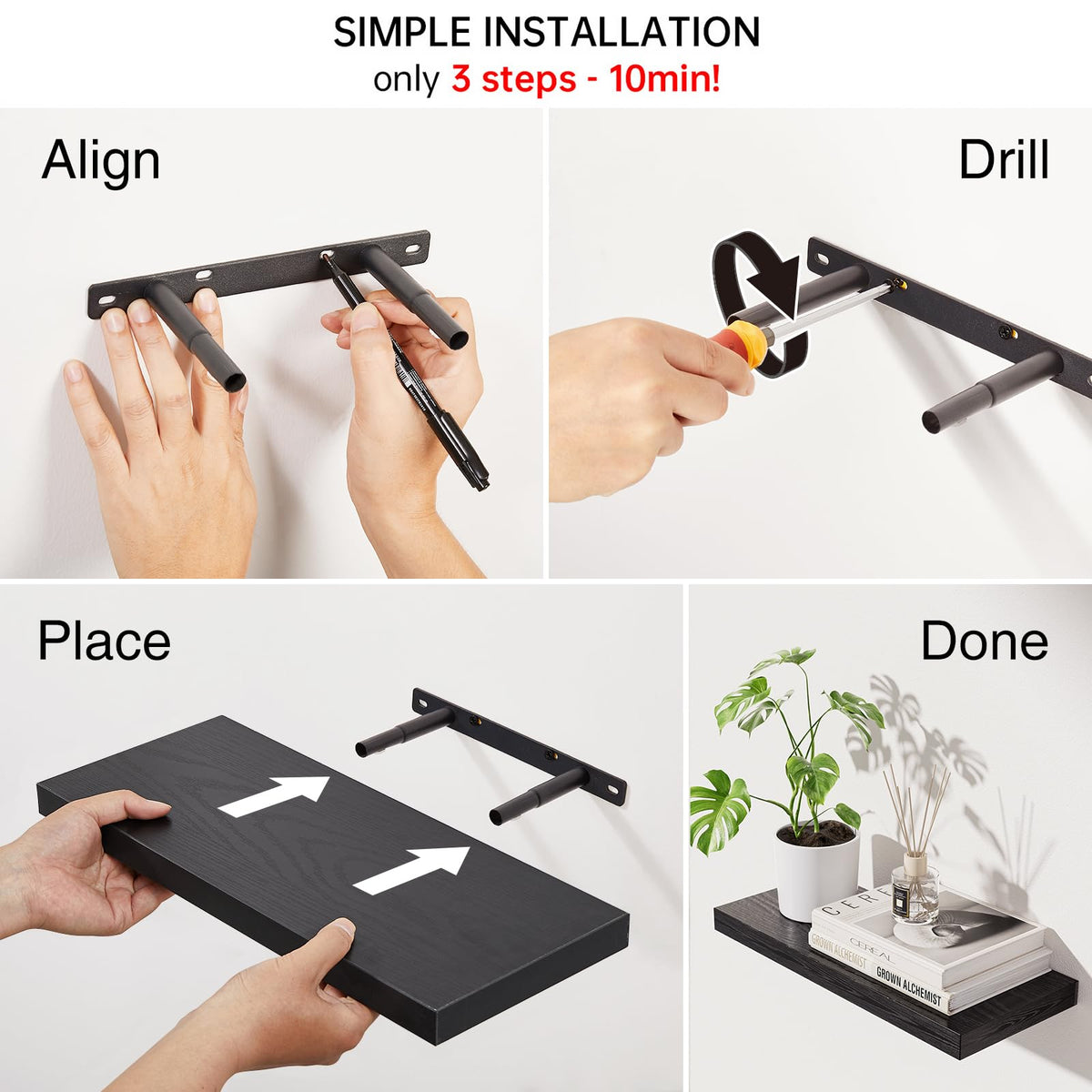 BAYKA Floating Shelves for Wall, Wall Mounted Rustic Wood Shelves for Bathroom, Bedroom, Living Room, Kitchen, Hanging Shelf for Books/Storage/Room Decor with 22lbs Capacity (Black, Set of 3, 15.7in)