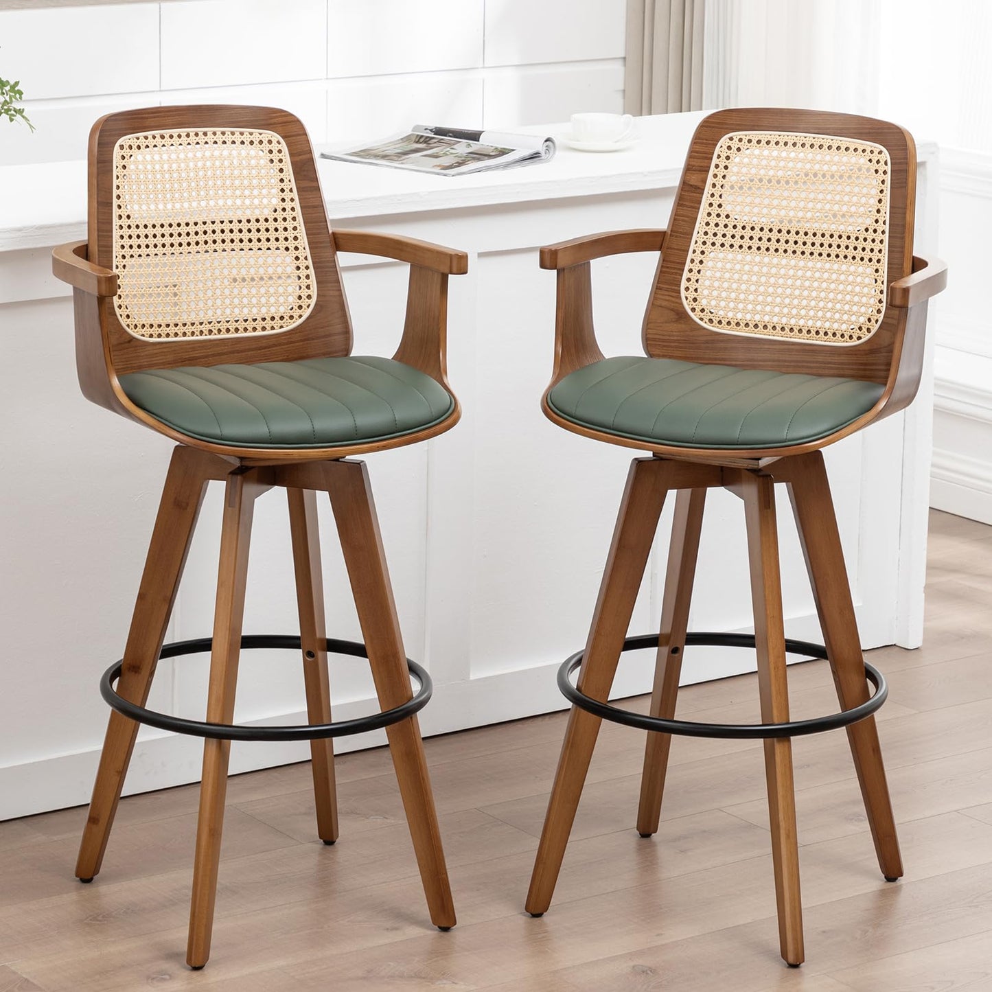 WUPOTO Bar Stools Set of 2, 29.7" Bar Height 360° Swivel Stools with Ergonomic Rattan Back, Faux Leather Seat, Bamboo Legs with Walnut Finish, Mid-Century Style (Green)