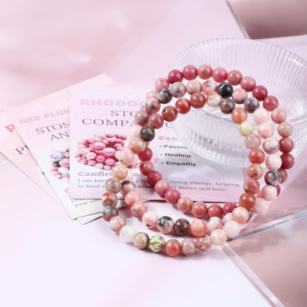 NCB 3-Piece 6mm Natural Crystal Gemstone Stretch Bracelets – ﻿Pink Zebra, Red Jasper, Red Plum Blossom Stone Handmade Reiki Energy Healing Jewelry for Meditation,Yoga, Unisex