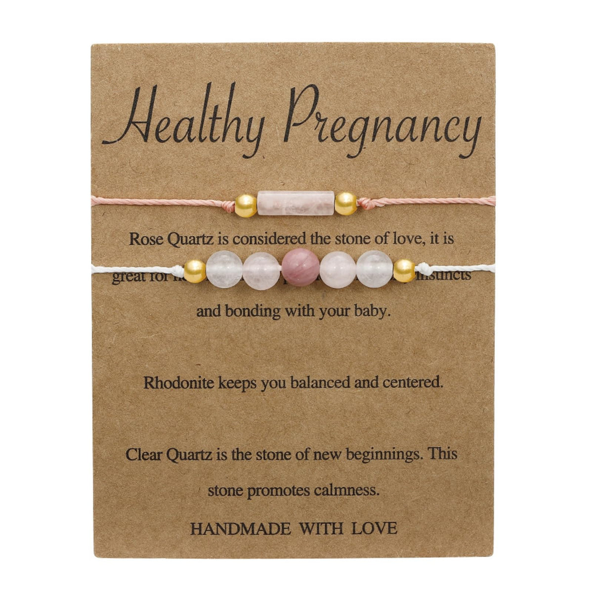IQIC Handmade Fertility & Pregnancy Bracelet with Natural Rose Quartz, Aquamarine & Moonstone, Healing Crystal Bracelet for Pregnant Women, Comes with Blessing Card for Safe Delivery & New Beginnings