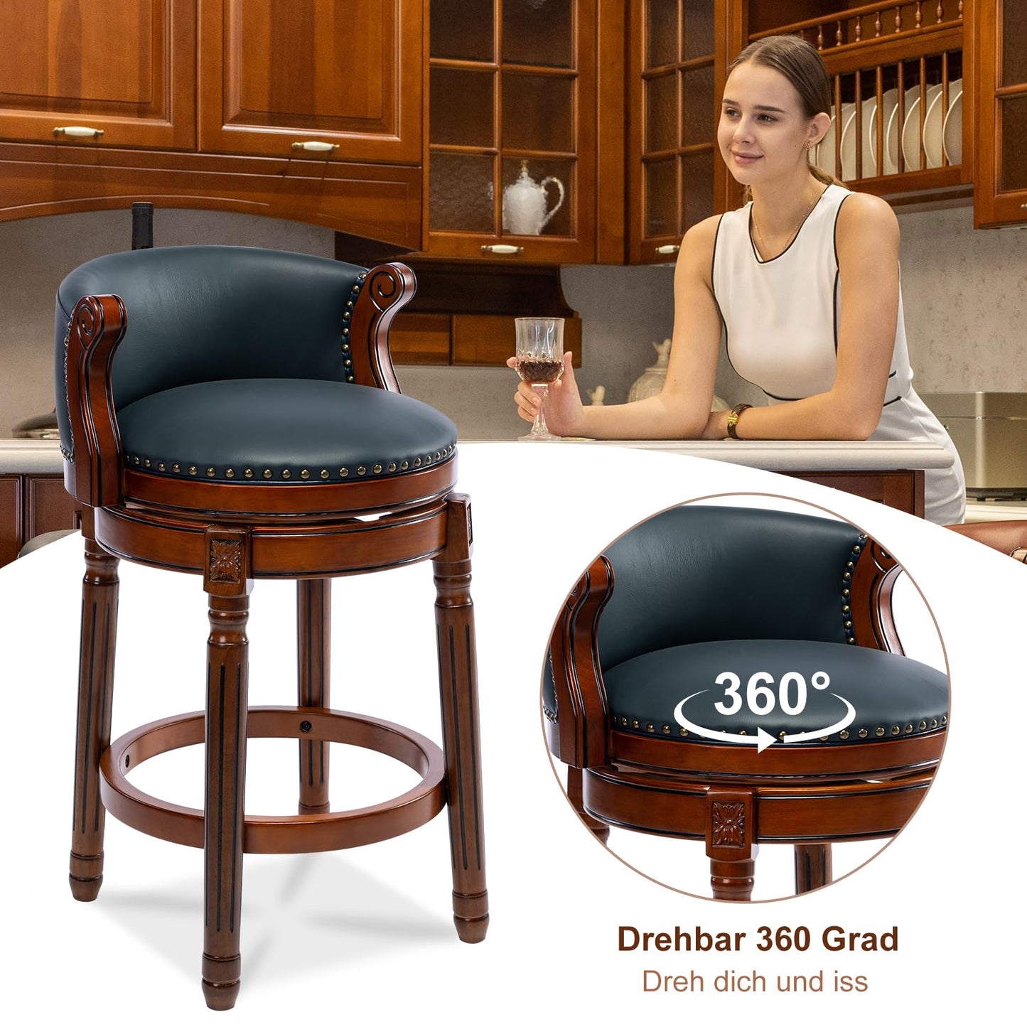 AULIFE Cow top Leather Wooden Bar Stools, 26" Bar Height Bar Chair with Back, 180 Degrees Swivel Barstools Chair for Home Kitchen Counter,Dining Room (Dark Blue 1pc, Counter Height-Seat Height 26”)