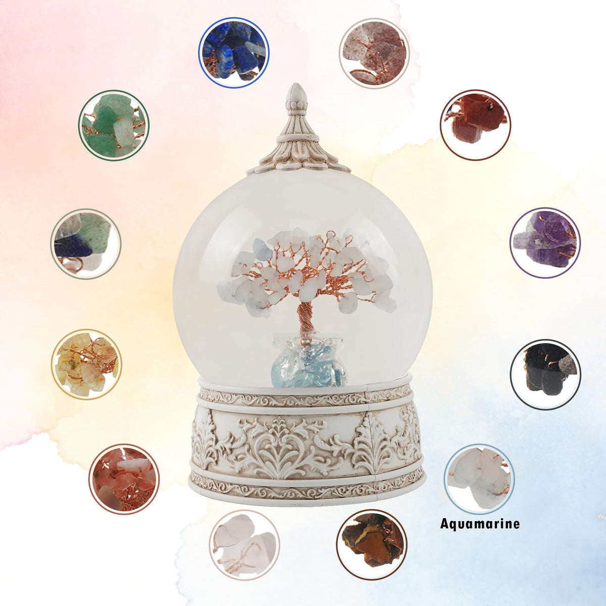 Aquamarine Healing Crystal Tree Globe with Colorful Lights and Sparkling Glitter, Natural Gemstone Base, Spiritual Meditation, Positive Energy Good Luck, Home Decor, Birthday Gifts (Aquamarine)