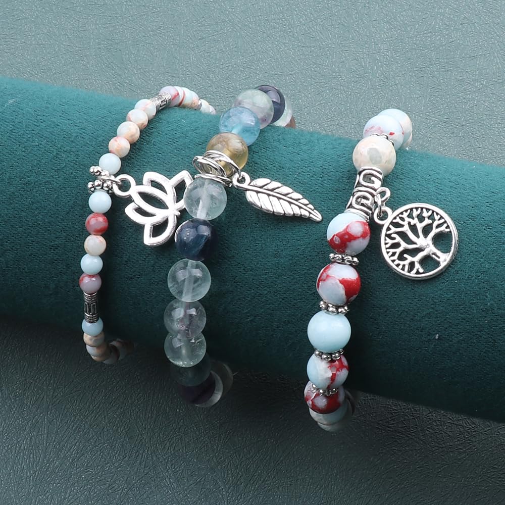 UEUC Tree of Life Yoga Healing Stone Bracelets, Multilayer Lotus Chakra Stone Reiki Bracelet Sets, Anxiety Crystal Natural Stone,for Women Stress Relief(#145)