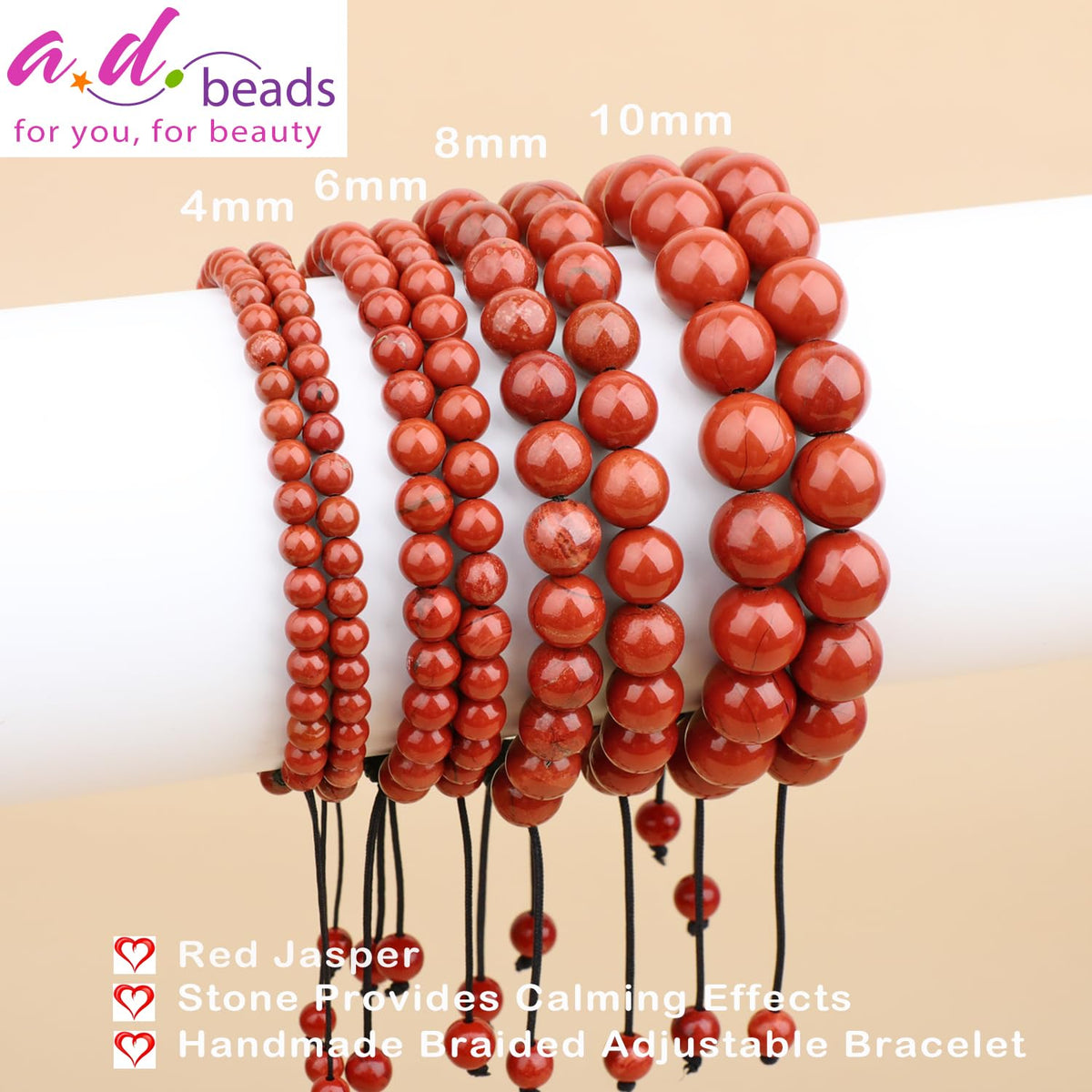 AD Beads 4mm Red Jasper - Stone Pepvodes Calming Effects - Handmade Natural Stone Crystal Bracelet with Adjustable Macrame String - Yoga Healing Power Energy Gifts for Men and Women