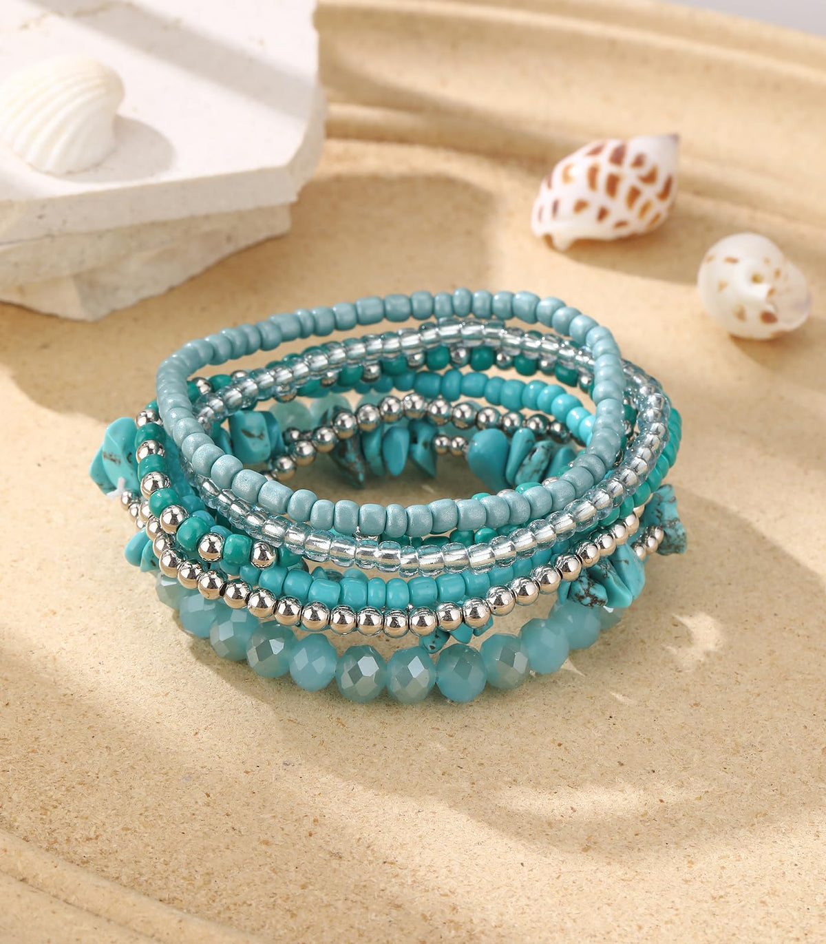 Noessla Boho Beaded Bracelets for Women Stackable Irregular Natural Stone Bead Stretch Bracelet Set 8PCS Costume Jewelry Gifts for Her(Turquoise)