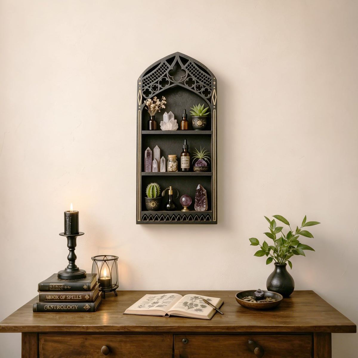 Gothic Window Crystal Shelf Display for Wall, Wooden Gem Stone Rock Storage Holder Trinkets Organizer, Wall Mount Stand Case Box for Witch Wiccan Decor, Spiritual Gift for Home Bedroom Living Room