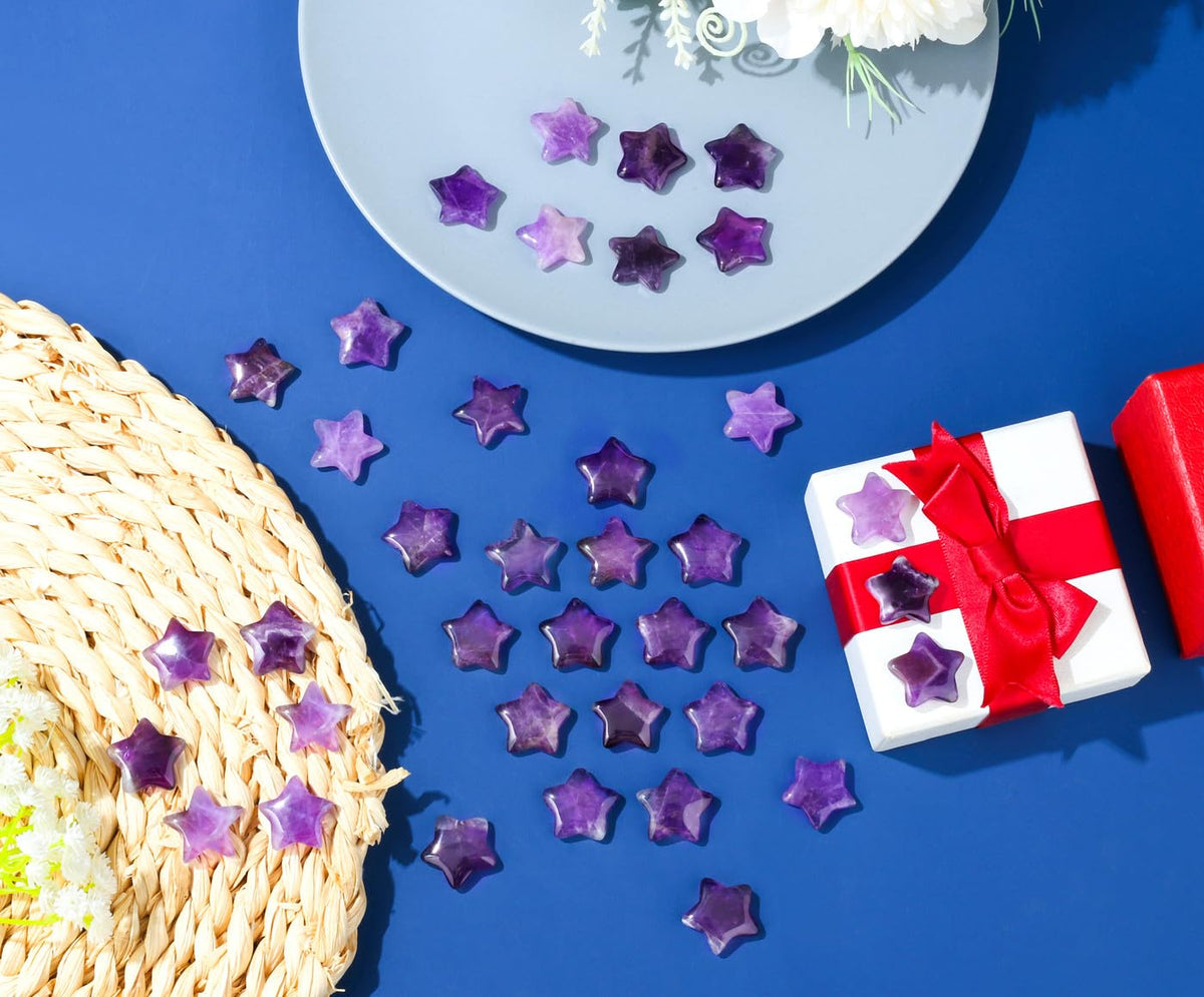 DUQGUHO 20 Pcs Amethyst Crystals Star Crystal Set Natural Healing Crystal Bulk Polished Stone Pocket Palm Protection Sacred Meditation Energy Reiki Balancing Gift