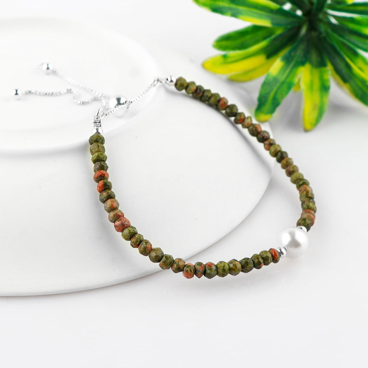 CRYSTALINES Natural Unakite Gemstones Beads Bolo Bracelets with Pearl, Handmade, Beaded Bracelet, Real Crystals Jewelry, Women Bracelet, Silver Plated Adjustable Chain- 6+4inch, AAA Grade