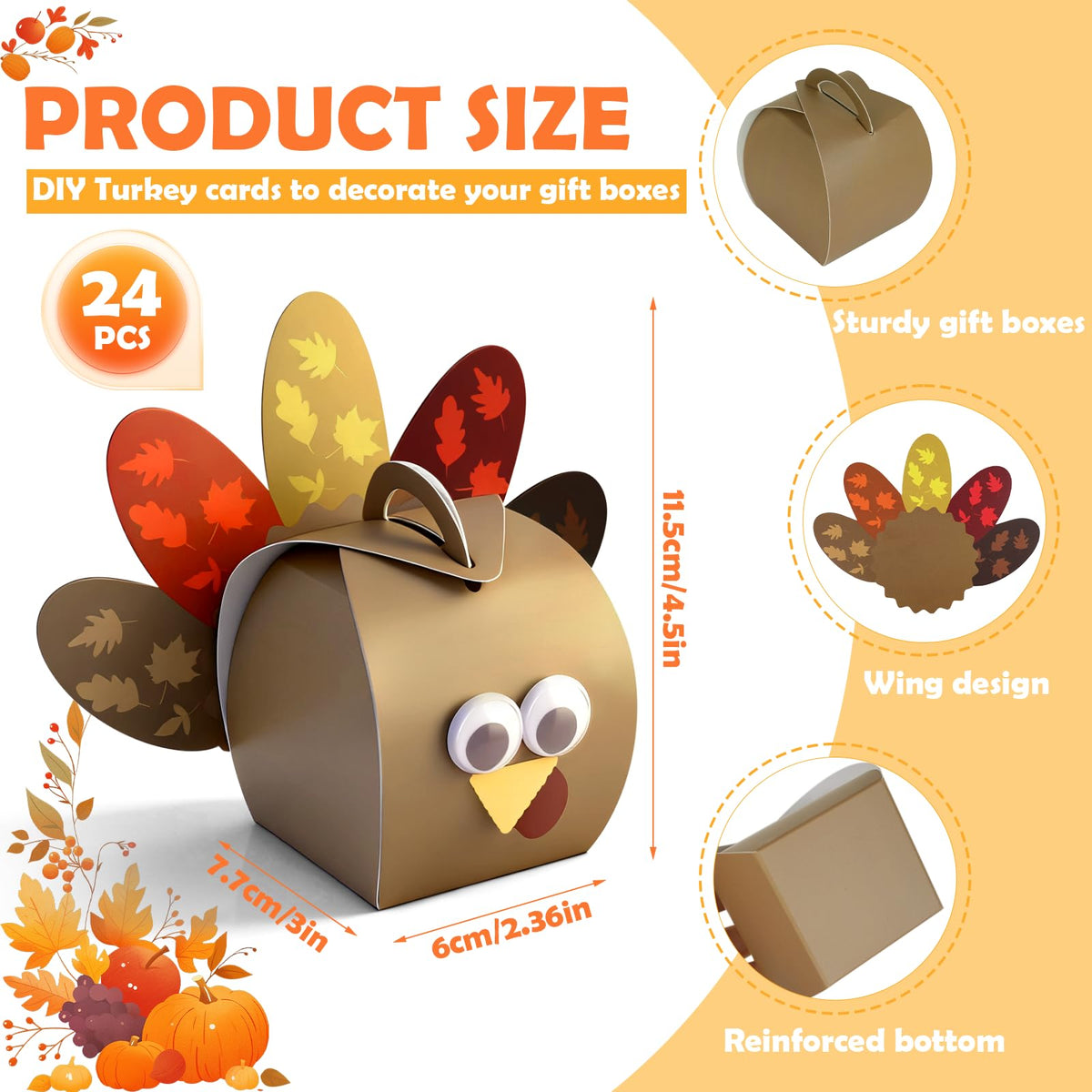 Mason Life Thanksgiving Gift Boxes, 24PCS Turkey Candy Treat Boxes, Thanksgiving Party Favor Boxes, Funny Thankful Goodies Box, Cupcake Box for Holiday Dinner Decoration, Table Centerpiece