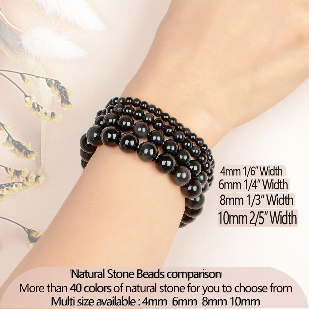 LPBeads Handmade Natural Gemstone Stretch Elastic 4m Black Obsidian Bracelet Healing Crystal Round Stone Beads Jewelry Gifts for Women Men