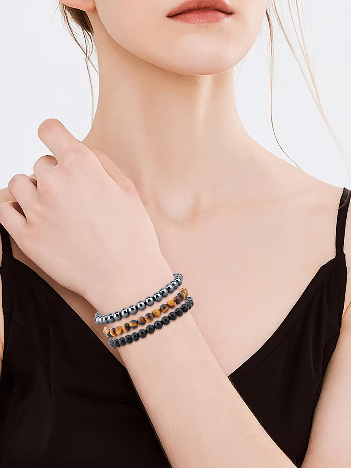 CMBYN 3-Pieces 6mm Natural Crystal Gemstone – ﻿Black Onyx, Hematite, Yellow Tiger's Eye Handmade Reiki Energy Healing Stretch Bracelets Jewelry for Yoga, Meditation, Unisex