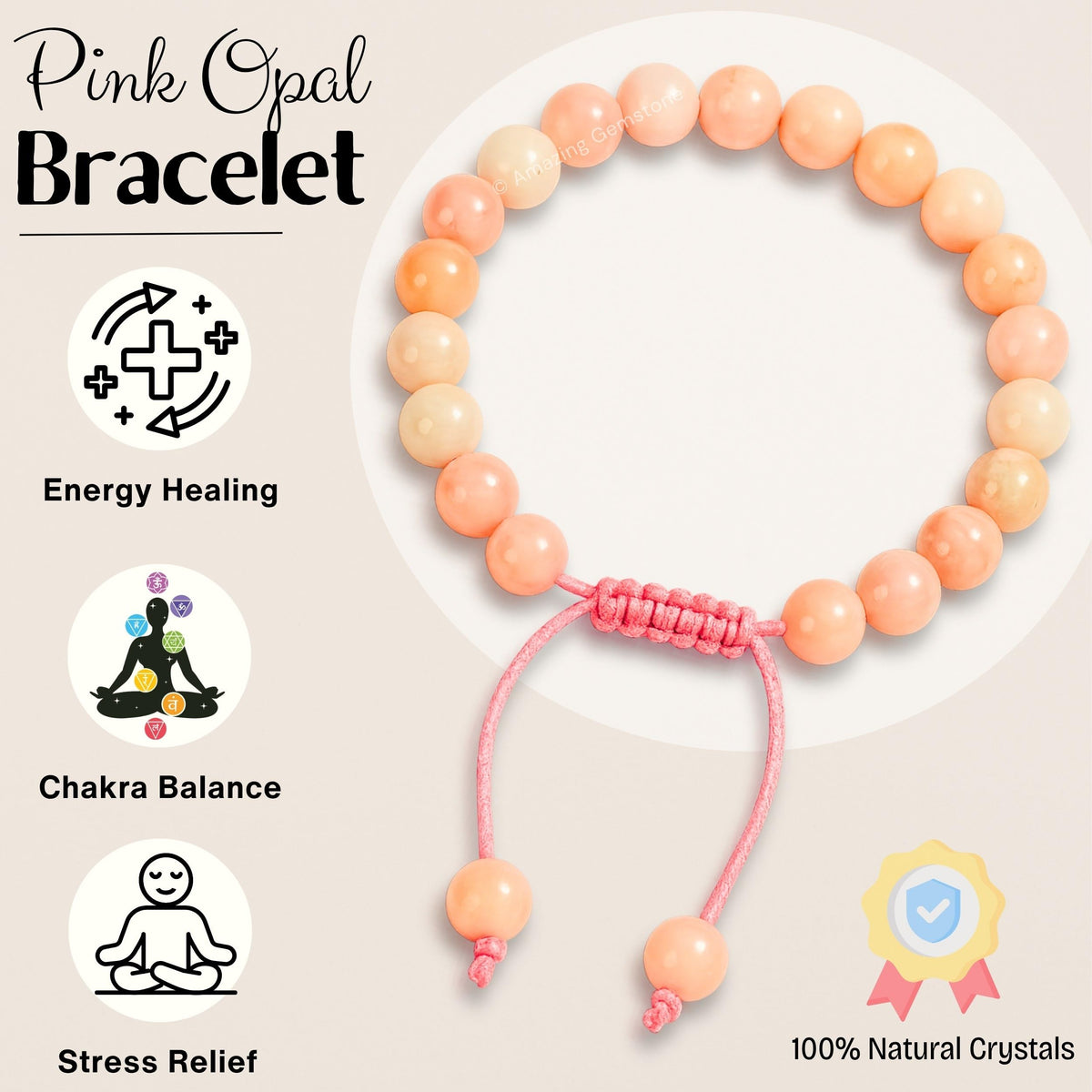 Amazing Gemstone Pink Opal Bracelet, Gifts For Men & Women - Protection Healing Crystal Bracelet - 8mm Gemstone Beaded Adjustable Bracelet, Pulseras Para Hombres Mujer Stocking Stuffers