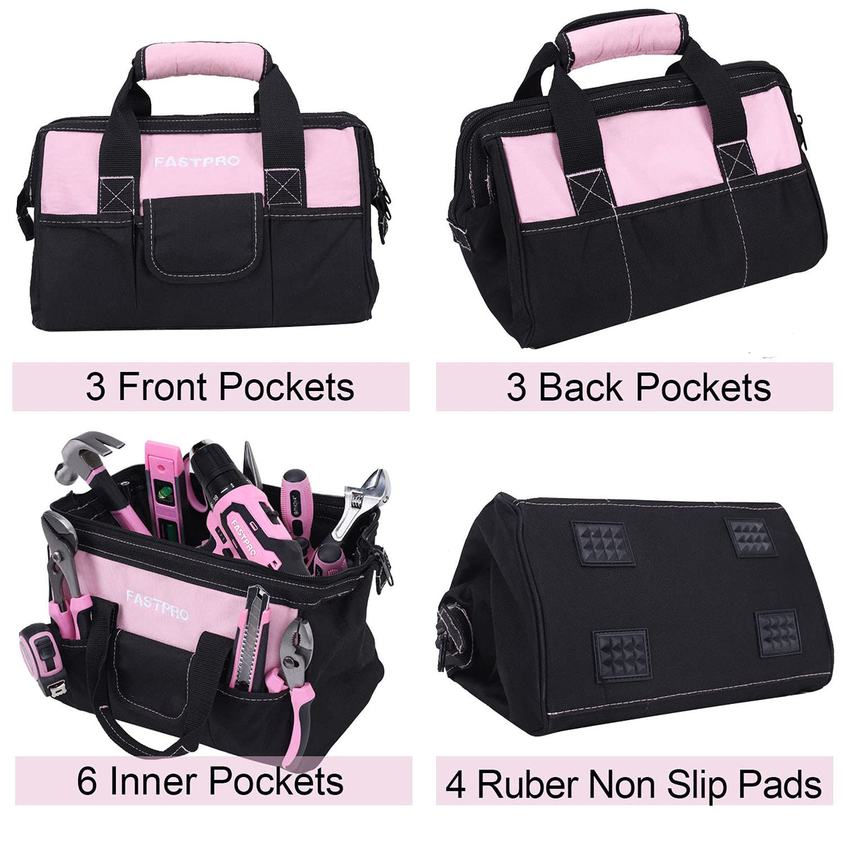 FASTPRO Pink Tool Set, 220-Piece Lady's Home Repairing Tool Kit with 12-Inch Wide Mouth Open Storage Tool Bag