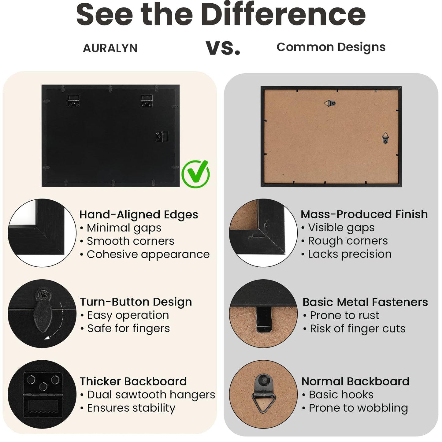 AURALYN Wall Frames 11x17 Picture Frames Set of 3 – Fits 8x12 with Mat or 11x17 Without Mat – Wood Grain, Easy to Hang, Finger-Friendly, Includes Hanging Kit (Black Frames, 3 Pack)