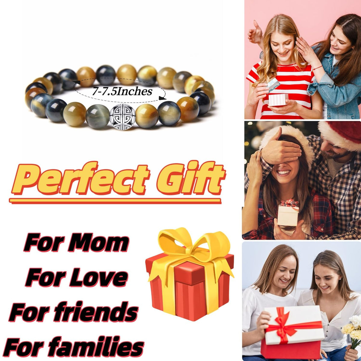 MetJakt Healing Crystals Beaded Bracelets for Womens Natural Gemstone 8mm Beads Stretch Bracelets with 925 Sterling Silver Double Happiness Pendant (Fantastic Tiger Eye Stone)