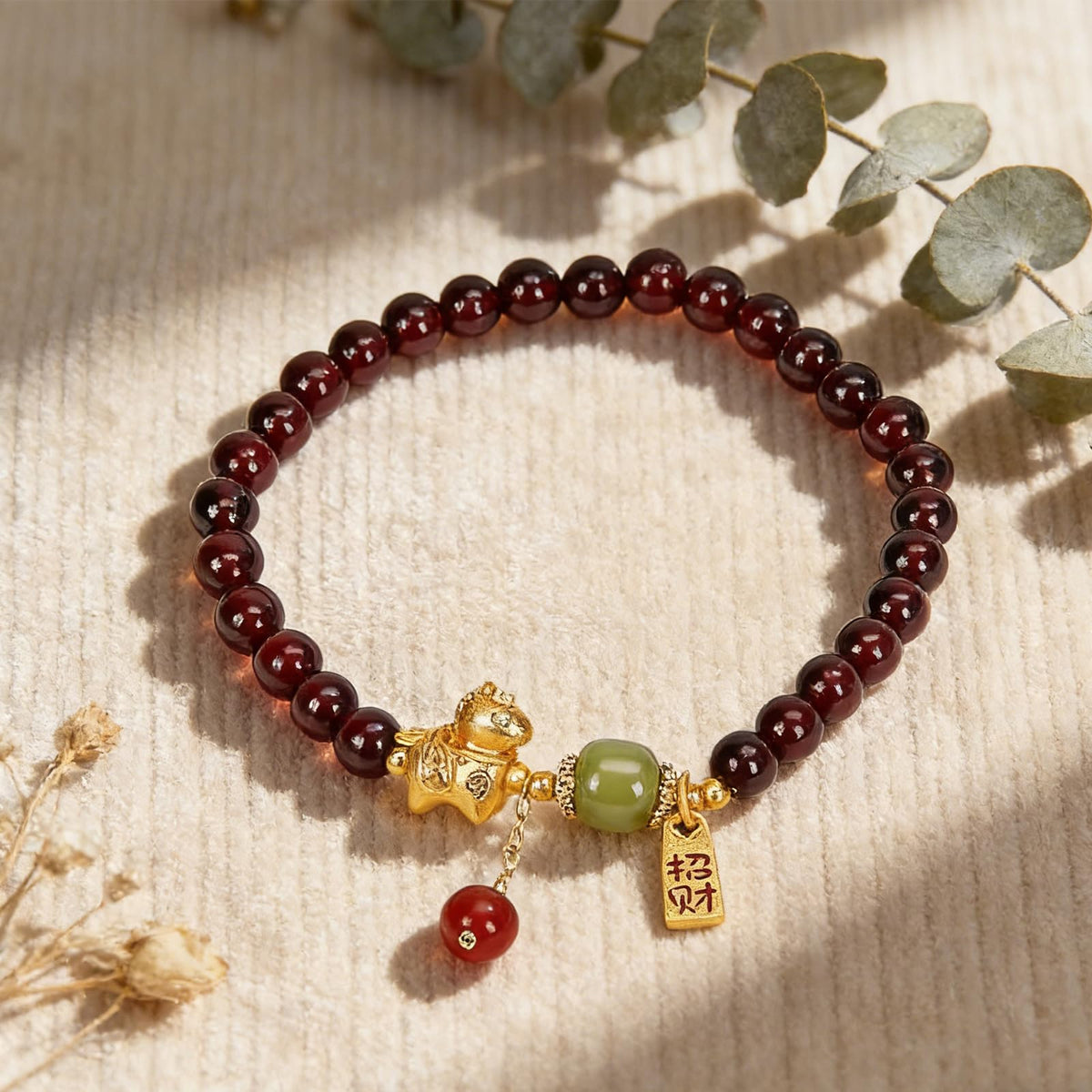 Buddha Stones 5mm Red Garnet Bracelet for Women Gold Horse Bracelet with Hetian Jade and Agate, Feng Shui Wealth Zodiac Bead Charm Bracelets Healing Crystal Jewelry Gifts 6.7 Inch