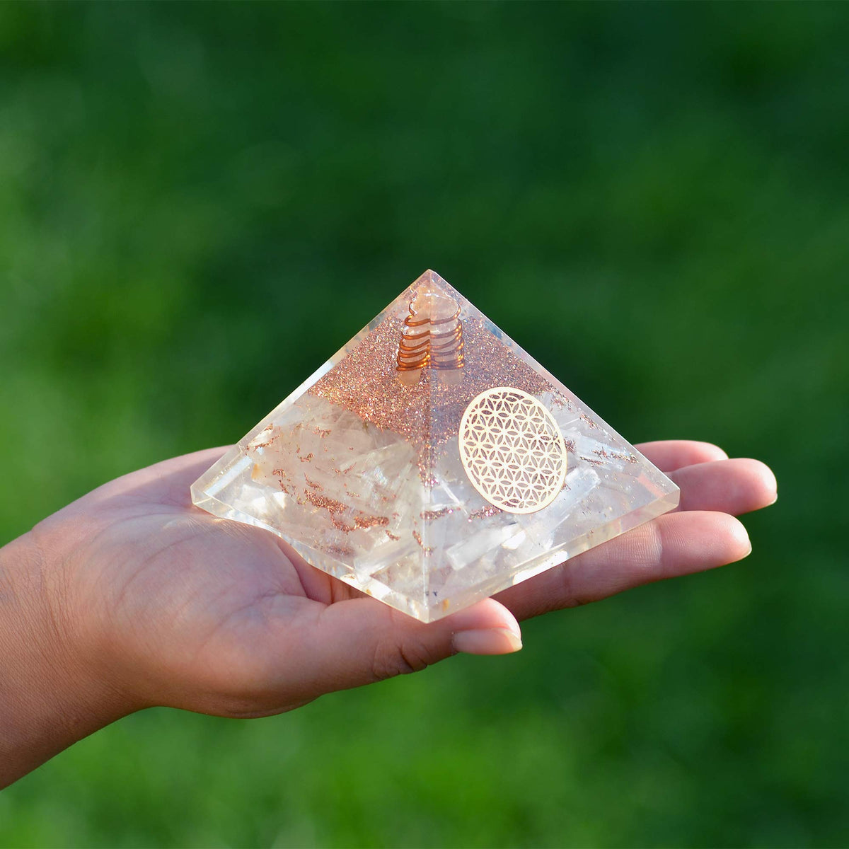 Orgone Selenite Crystal Pyramid with Flower of Life –for Chakra Healing and Spiritual Protection from E-emission and Negative Energy