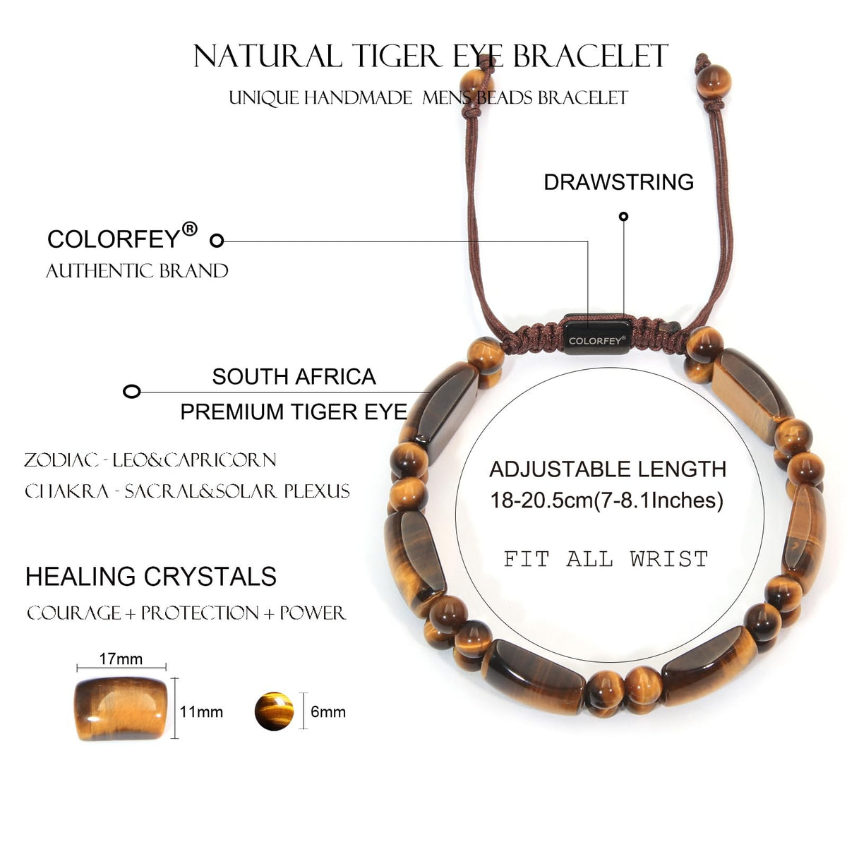 COLORFEY Mens Tiger Eye Crystal Bracelets Genuine Beaded Bracelet Premium Tiger Eye Stone Bracelets for Men Natural Gemstone Bracelet, Handmade Energy Stone Jewelry for Him Ultimate Protection