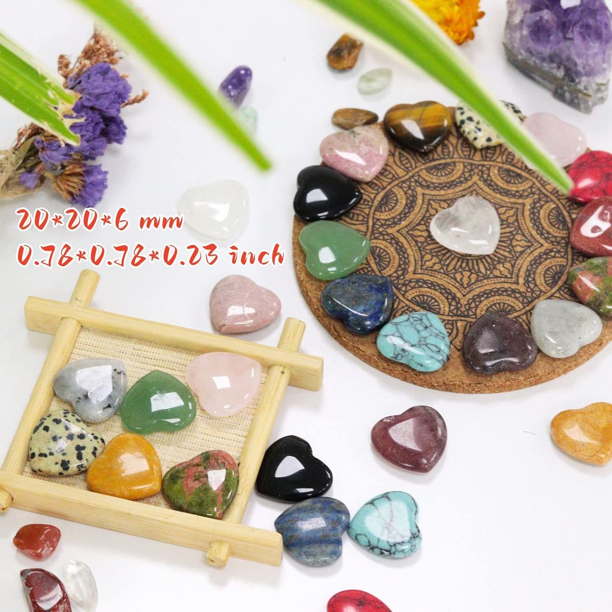 15PCS Natural Heart Healing Crystals Love Stones Rose Quartz Clear Quartz Tiger Eye Heart Set Bulk Polished Pocket Palm Thumb Gemstones Meditation Chakra Reiki Energy Balancing 0.8 inch
