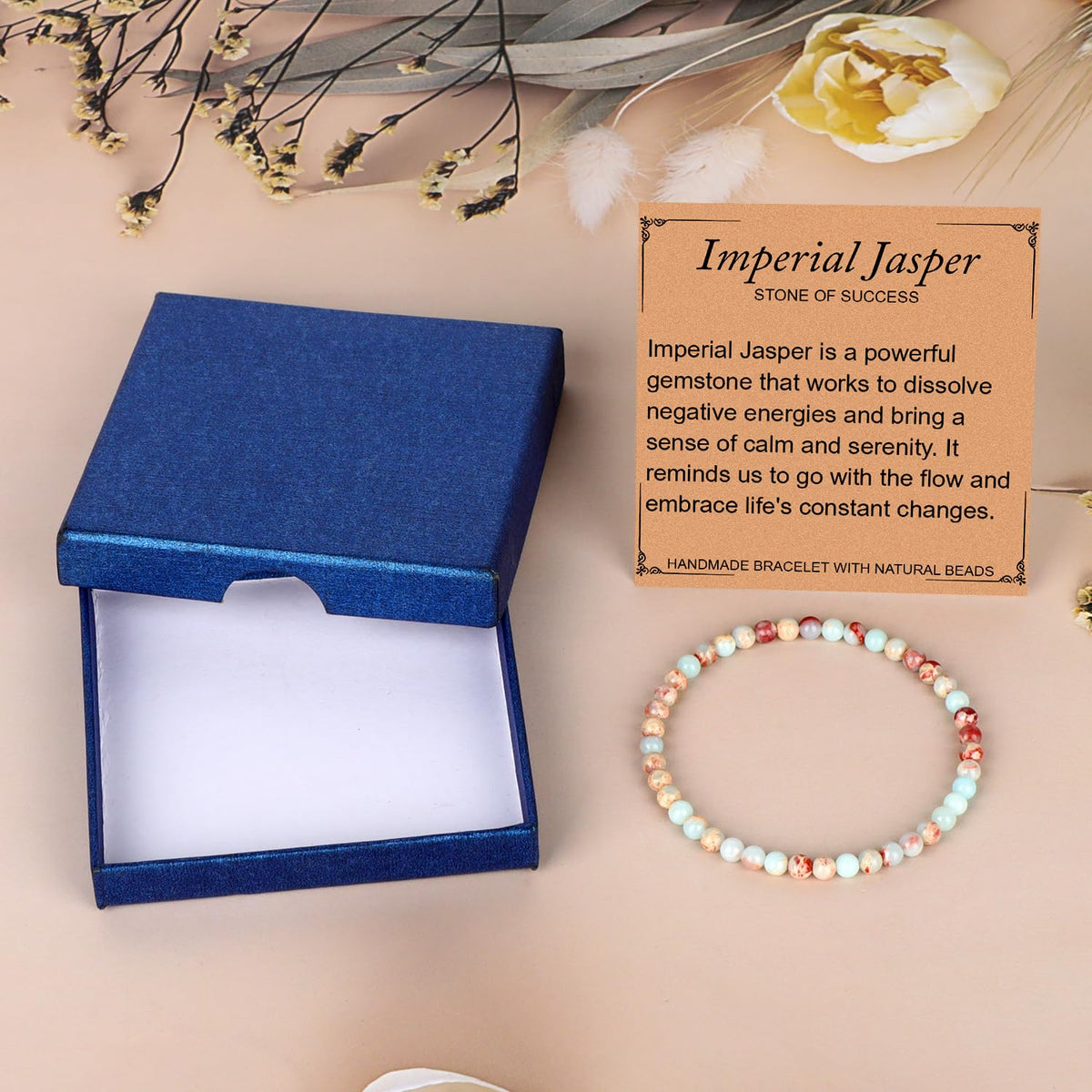 LPBeads Handmade Natural Gemstone Stretch Elastic 4mm Imperial Jasper Bracelet Healing Crystal Round Stone Beads Jewelry Gifts for Women Men