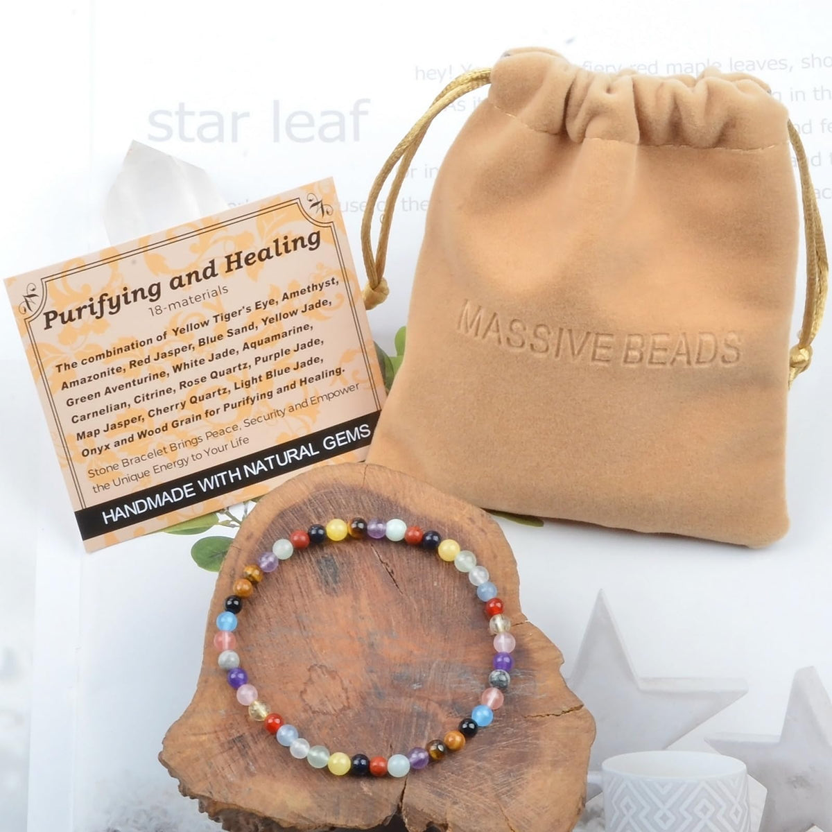MASSIVE BEADS 18 Materials - Purifying and Healing Handmade Handmade Yoga Stretch Elastic Bracelet Natural Stone Crystal Healing Power Energy Gifts for Unisex Adult 4mm