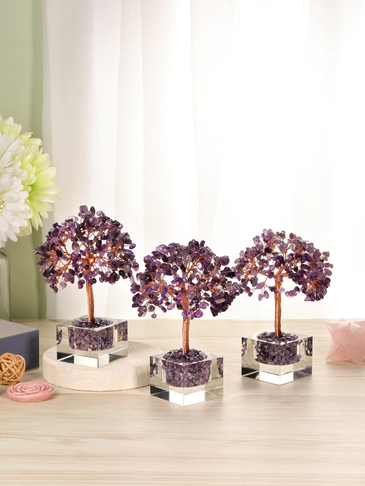 Jovivi Large Crystal Tree with Square Glass Base, Amethyst Healing Crystals Tree Life Natural Chipped Gemstone Money Trees Feng Shui Good Luck Positive Energy Purple Home Desk Decor
