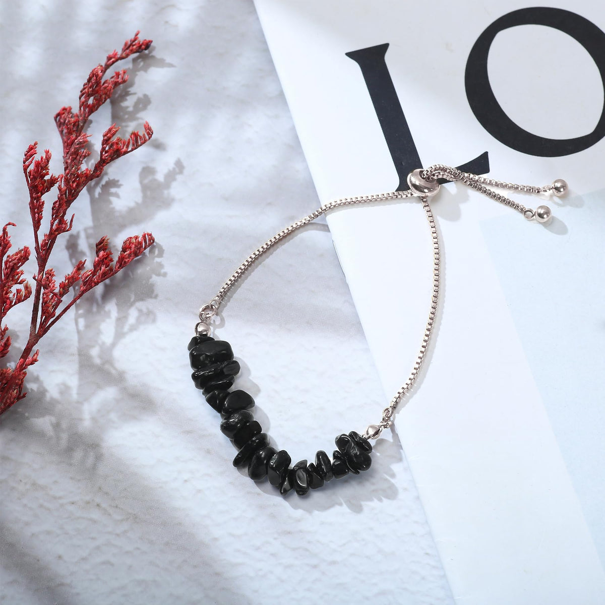 Natural Black Tourmaline Bracelet - Authentic Black Tourmaline Link Chain, Stone Bracelet Healing Protection Energy Chakra Yoga Crystal Jewelry Gift for Women (Style2)