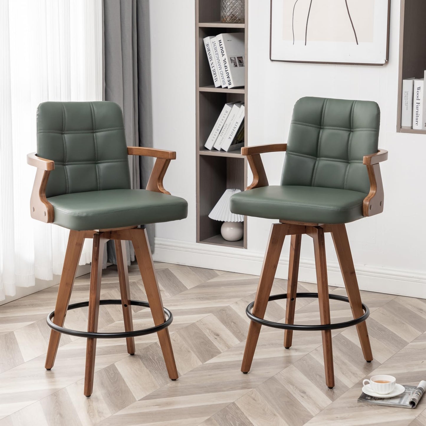 MEKLIBA 30” Bar Height Bar Stools,Leather Upholstered Bar Chair, Swivel Bar Stools with Back and Arms，Modern Barstool Set of 2 for Kitchen Island (Green)