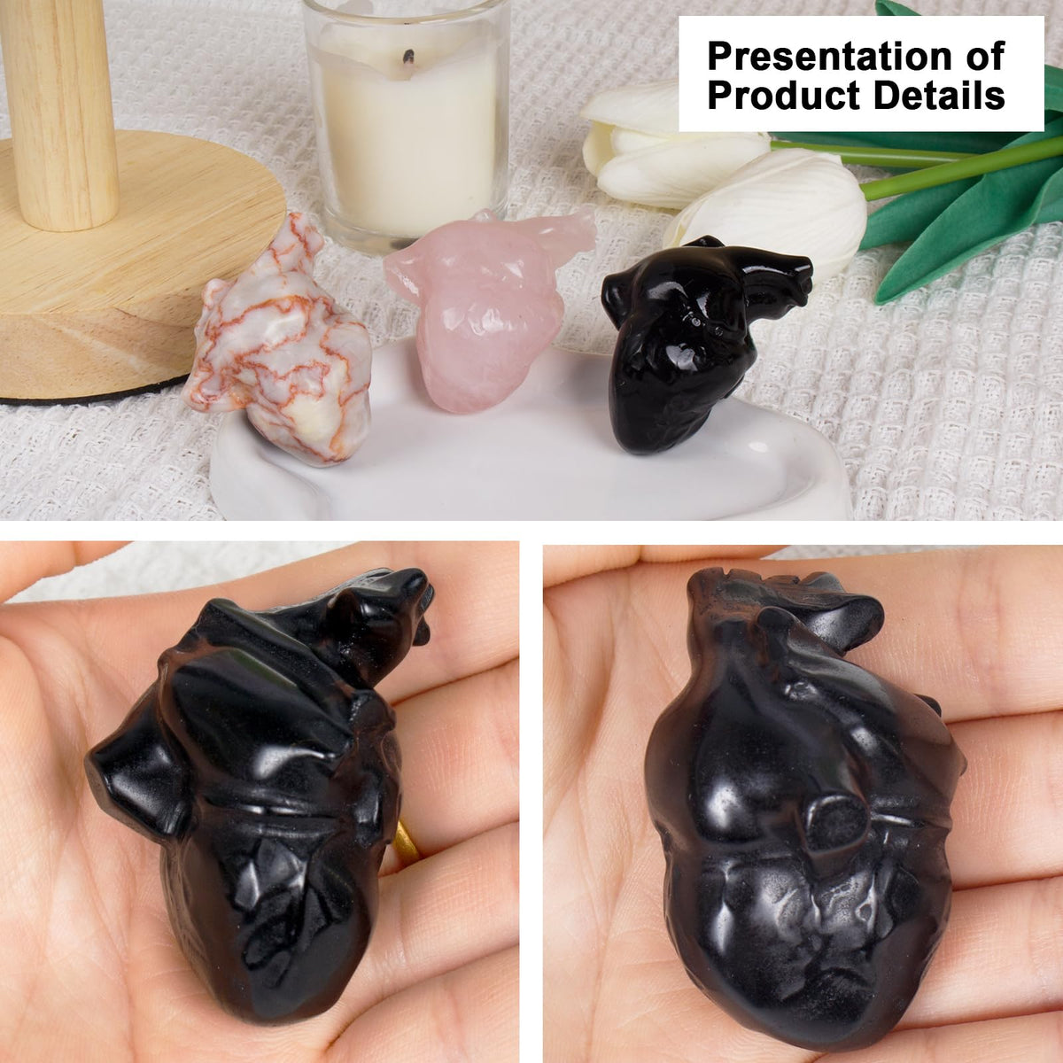 Black Obsidian Crystal Heart Figurines, 2.1 Inch Crystal Heart Love Statue for Home Decor, Meditation and Stress Relief, Hand Carved Natural Healing Stone Cardiac Sculpture Spiritual Gift for Women