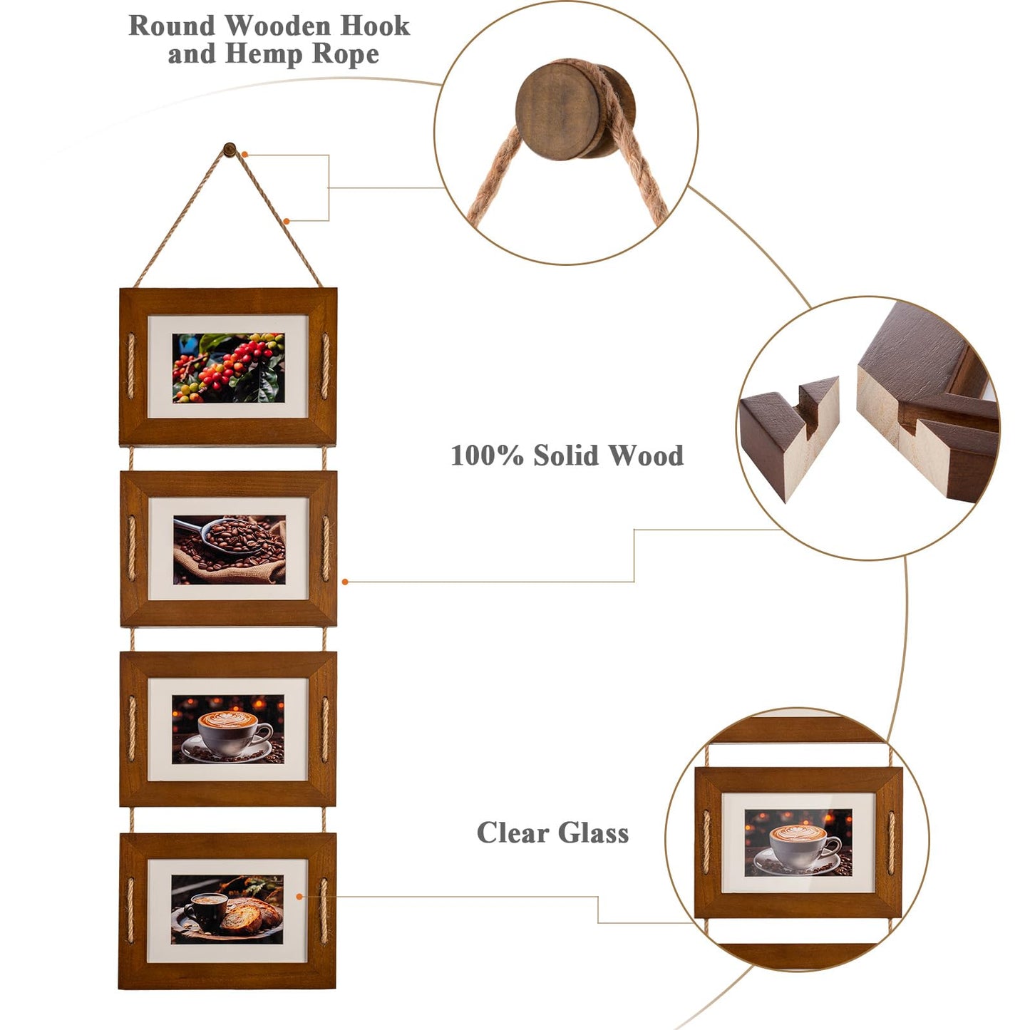 DLQuarts 5x7 Hanging Collage Picture Frames Wall Decor, 4-Opening 5x7 Matted to 3.5x5 Photo Rustic Wood Frame with Hemp Rope, 1 Pack, Dark Walnut