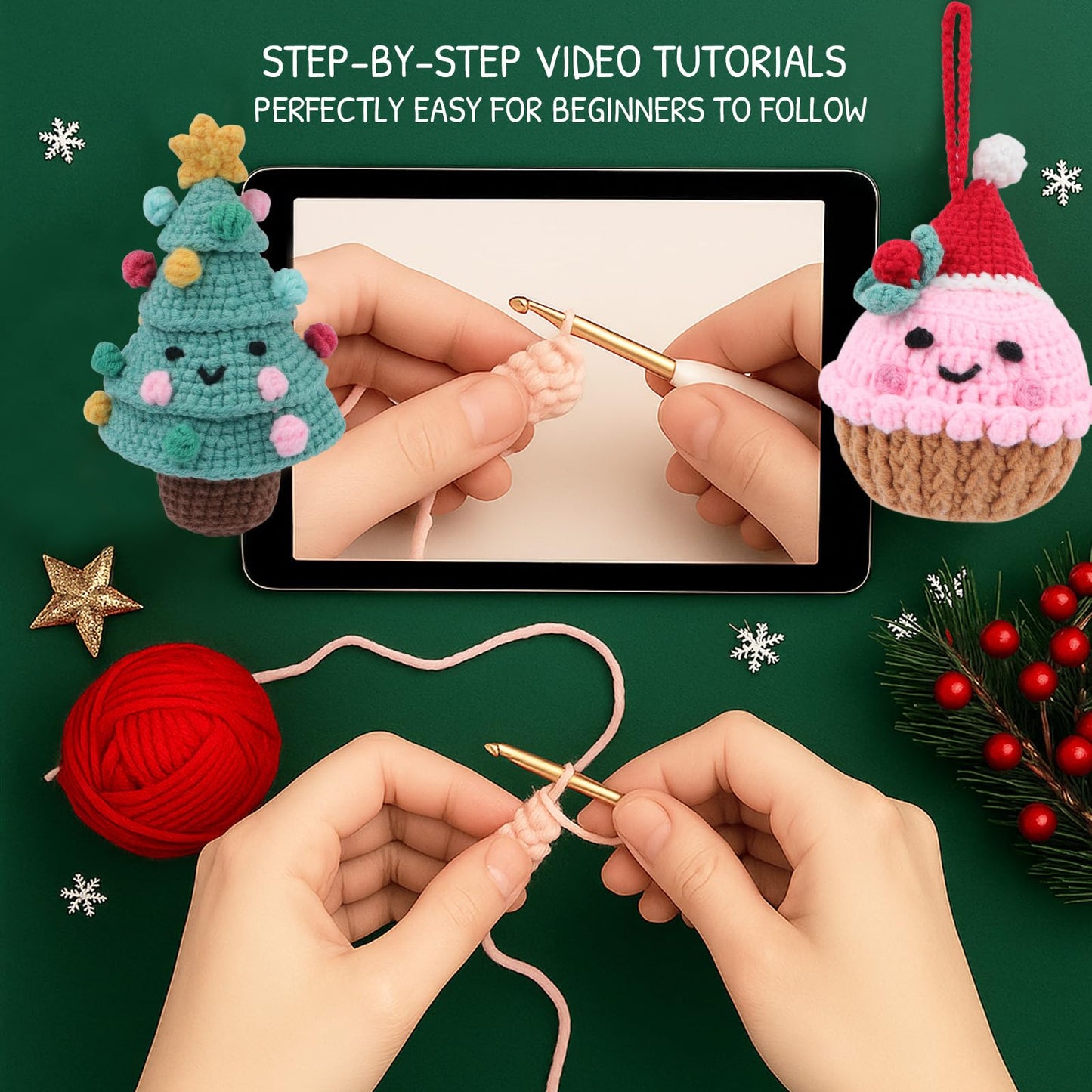 HOUSE CREATIVITY Crochet Kit for Beginners – Make a Christmas Tree & Cupcake, Amigurumi Crochet Starter Kit with Video Tutorial, Yarn & Hook, DIY Holiday Ornament & Cute Desk Decor Gift