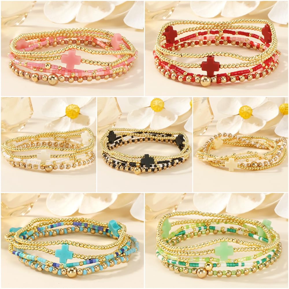 Bohxantium Gold Beaded Cross Bracelets for Women Dainty 14K Gold Plated Beads Ball Yellow Stretch Stackable Non Tarnish Bracelet Stack Boho Christian Jewelry Accessories Birthday Prom Friendship Gift