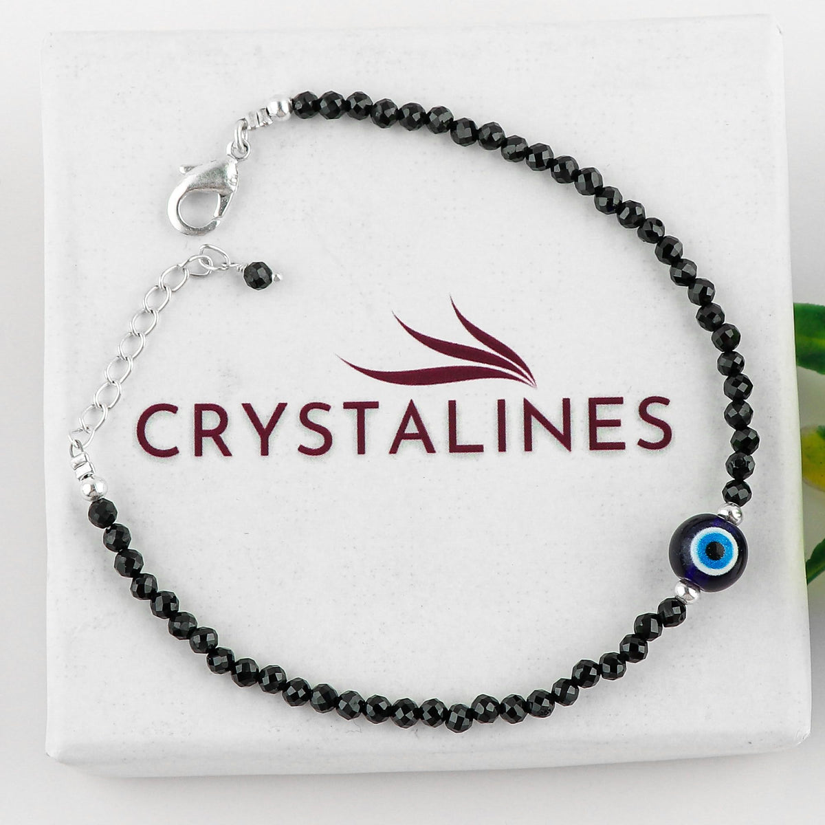 CRYSTALINES Natural Black Spinel Gemstone Bracelet, Faceted Beads Stones, Handmade Hypoallergenic Boho Jewelry for Women, Healing Crystals, Adjustable Silver Plated 7+1inch, Birthday Evil Eye Gift