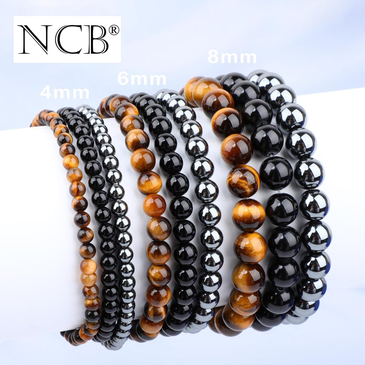 NCB 3-Piece 6mm Natural Crystal Gemstone Stretch Bracelets – ﻿Black Onyx, Hematite, Yellow Tiger's Eye Handmade Reiki Energy Healing Jewelry for Meditation,Yoga, Unisex