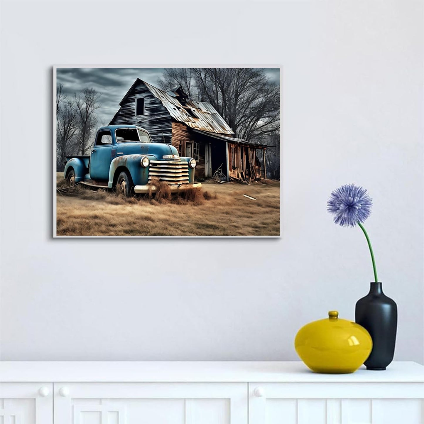 QAZWSX Blue Truck in Old Barn 5D Diamond Painting Kits for Adults, Paint with Farmhouse Diamond Art, DIY Gift Round Full Drill Crystal Crafts Gem Arts for Home Wall Decor 12x16 inch