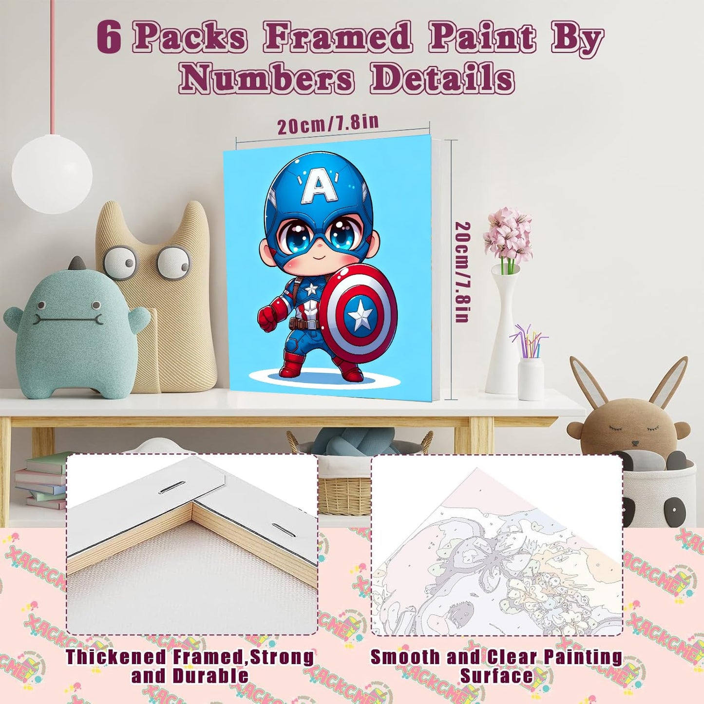 CraftyTime 6 Pack Framed Paint by Numbers Kit for Kids- Cartoon Painting Kits for Kids Ages 4-8-12, Cartoon Easy Paint by Numbers with Frame 8x8 Inch