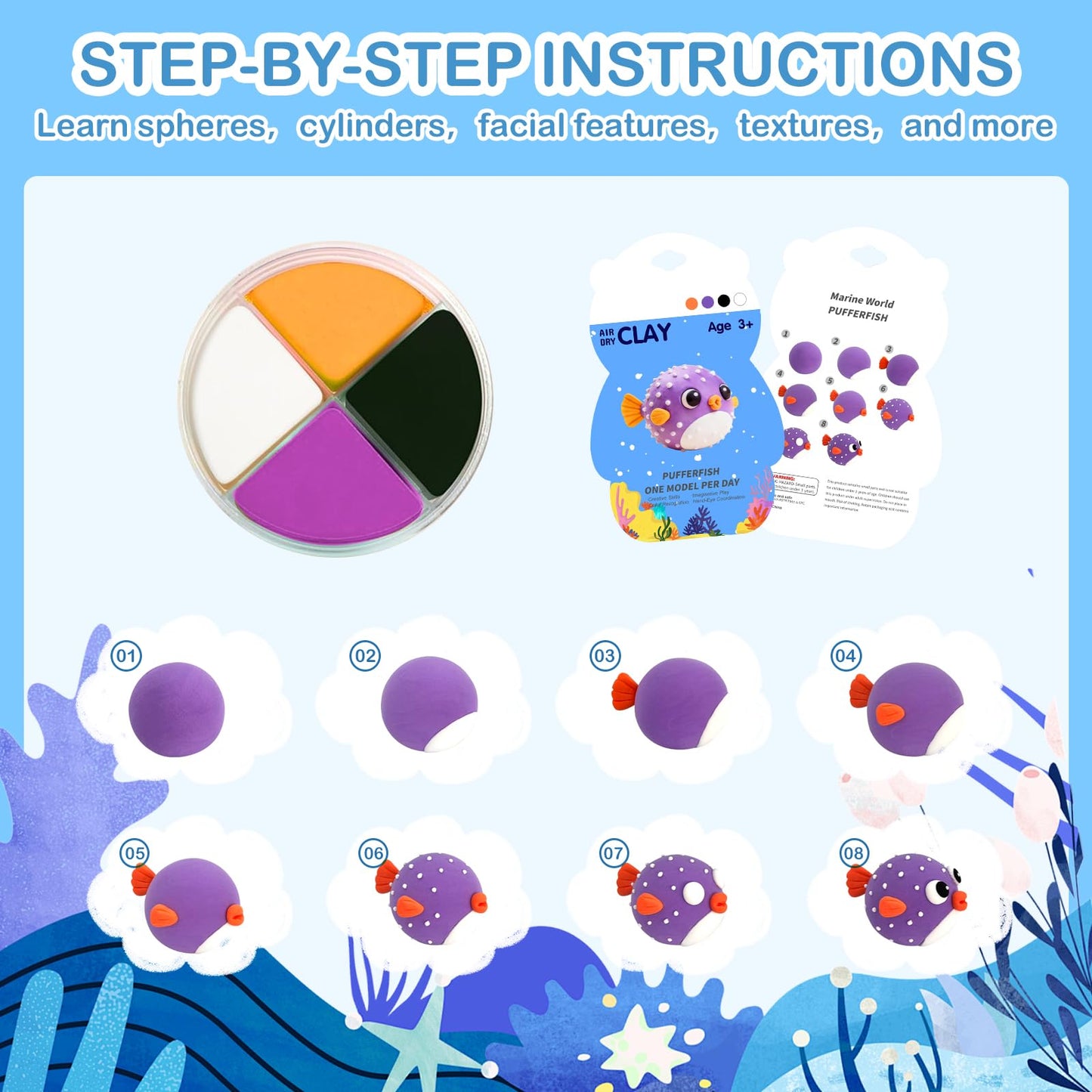 Air Dry Clay Kit - 12 Marine Animal Modeling Clay for Kids, Complete DIY Clay Craft Set with Sculpting Tools & Step-by-Step Tutorials, Ultra Soft & Non-Sticky Clay, Children's Day Gift Ideas