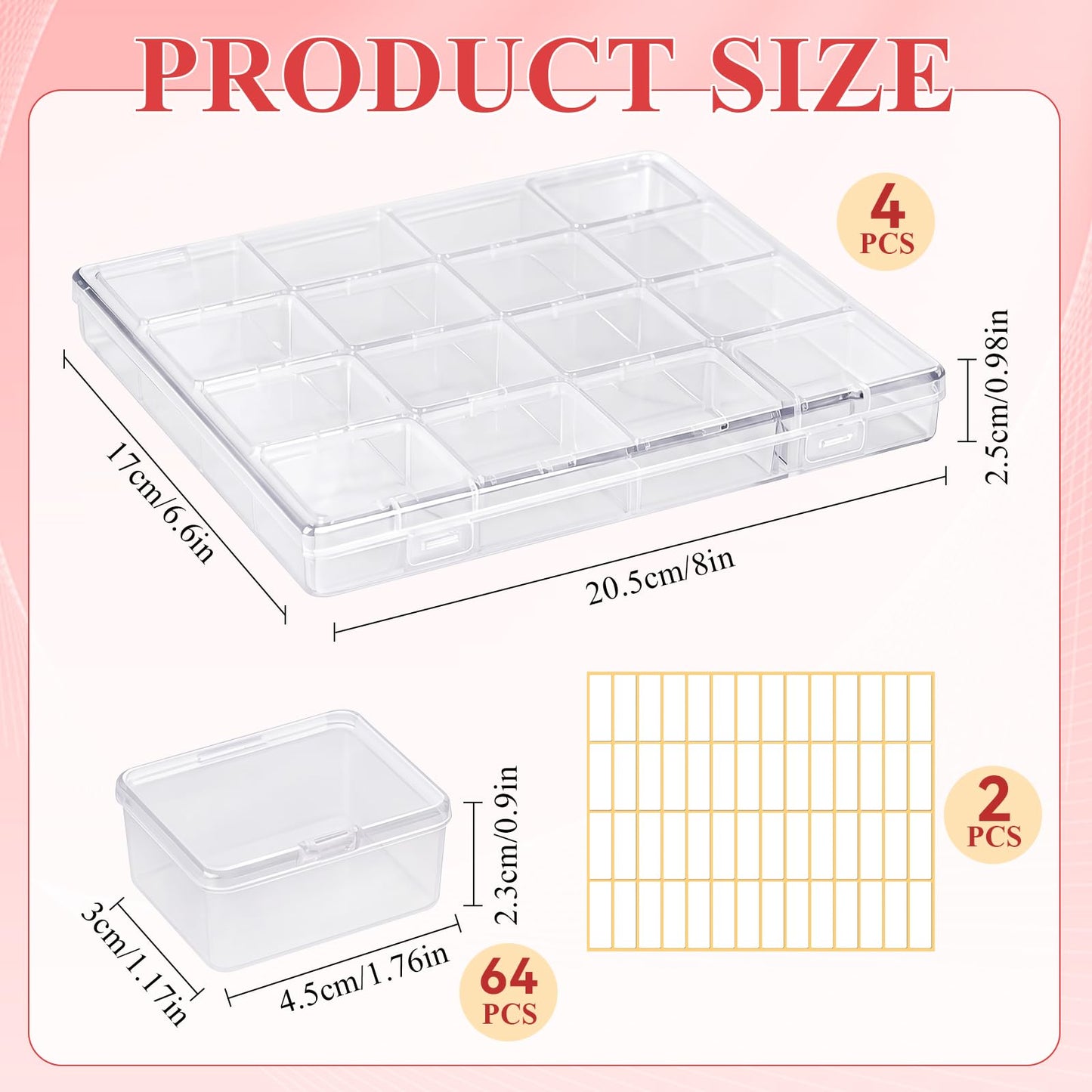 Supkiir Bead Organizer Box, 64 Pcs Small Plastic Bead Storage Containers, Clear Craft Organizers and Storage with Hinged Lid and Labels for Diamond Painting Art, Seeds, Nail Art and Small Parts