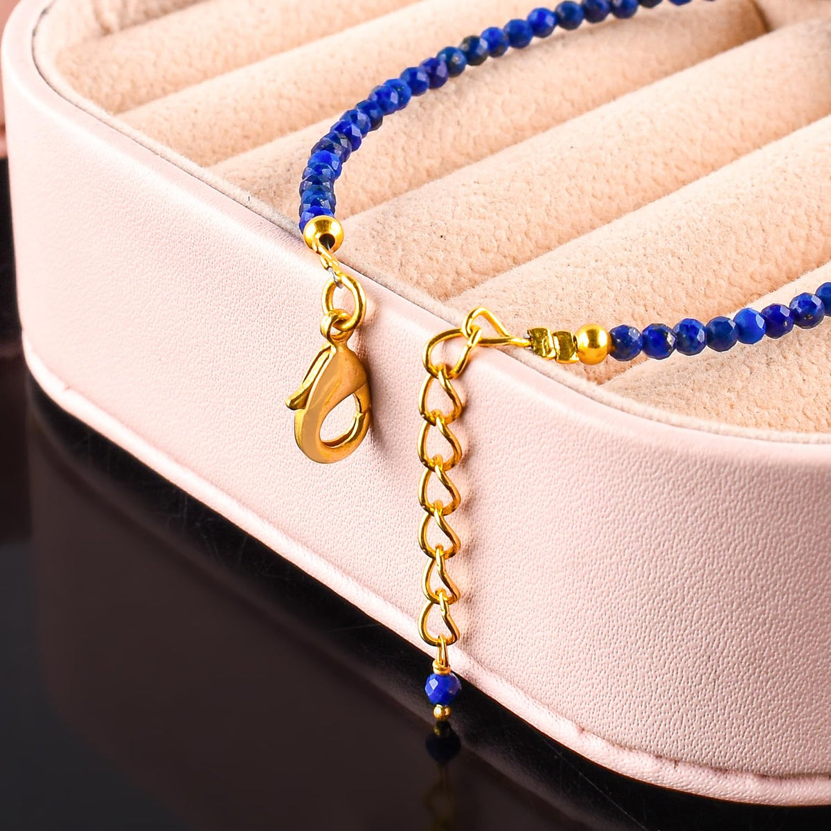 Natural Blue Lapis Lazuli Gemstone Micro Beads Dainty Bracelet Jewelry for Women, Birthstone, Chakra Energy Crystals, 14k Gold Plated Chain 8 inch Adjustable