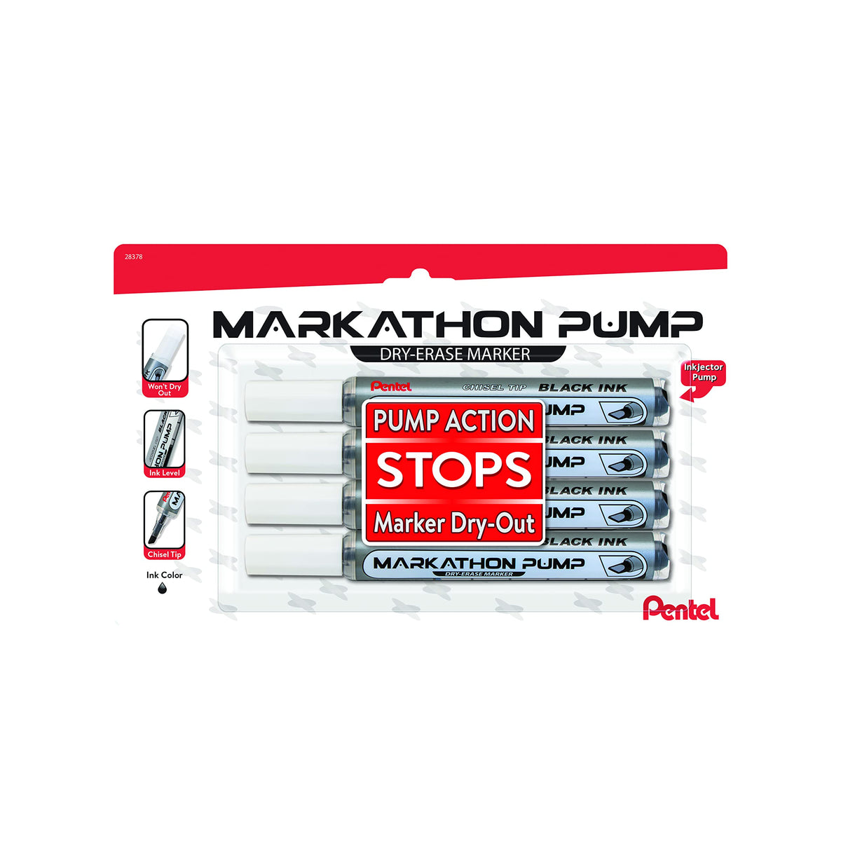 Pentel Markathon Pump Dry Erase Marker, Chisel Tip, Black Ink, 4 Pack (MWL6SXBP4A)