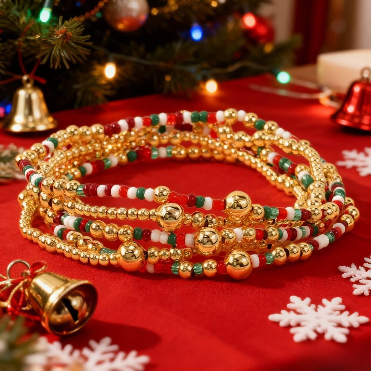 SHINUS BOHO Christmas Gold Beaded Bracelet Stack for Women,Bohemian Red Green White Beads Stackable Bracelets Set Fashion Holiday Party Jewelry Gift Friendship