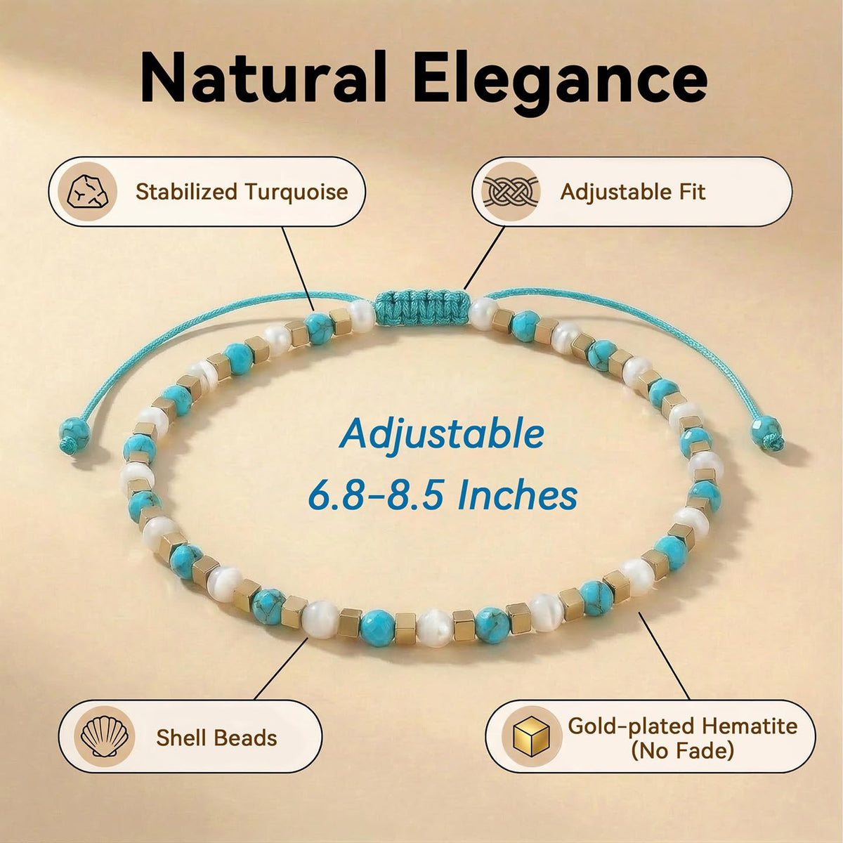 BEADSENER Stabilized Turquoise Adjustable Charming Bracelet for Women, 3mm Natural Shell Gemstone Hematite Stone Beads, Pull String Slider Metal Free Design Waterproof, Gift for Her Daily Wear