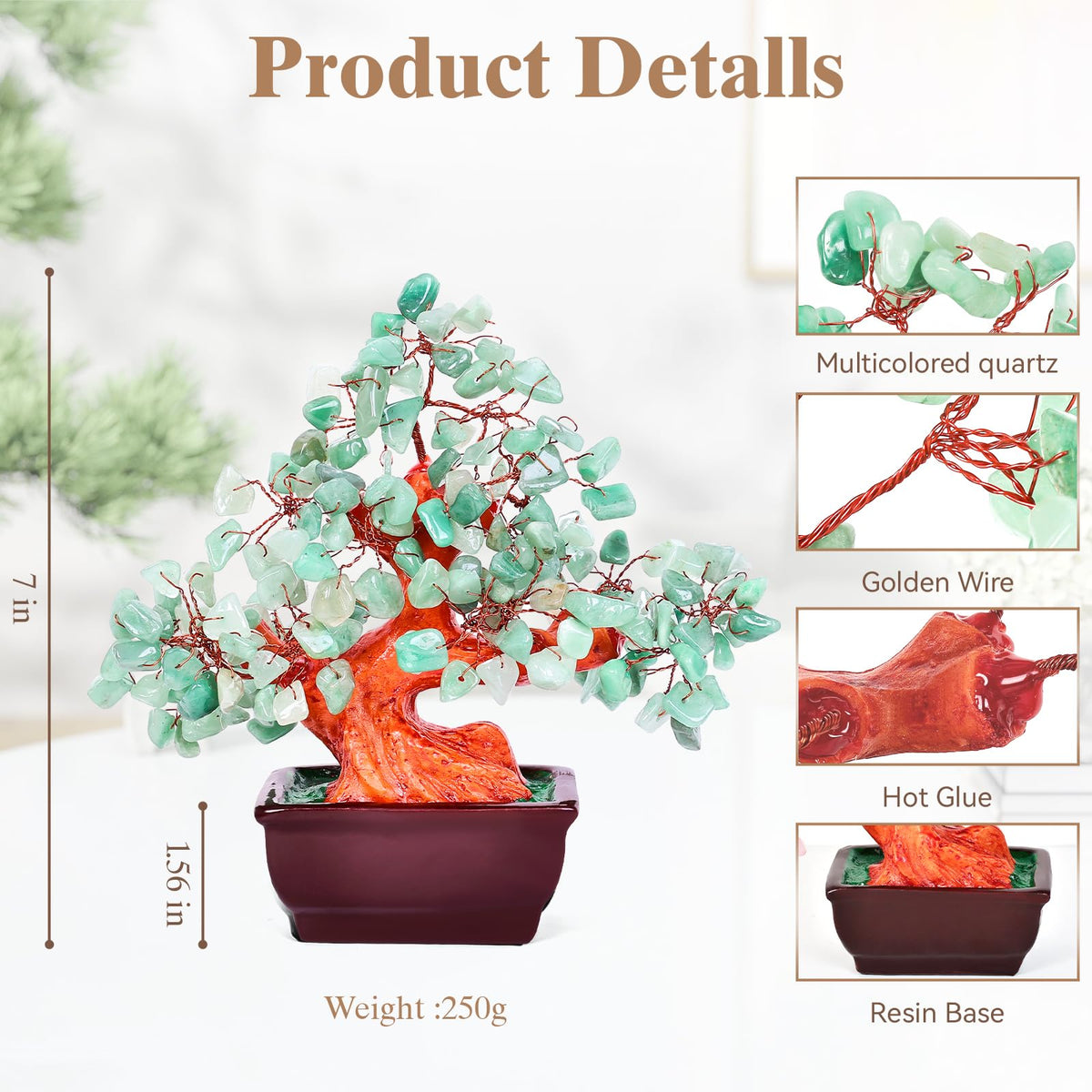 AzureLeap Feng Shui Quartz Crystal Money Tree Bonsai Style Decoration for Luck and Wealth (Green)
