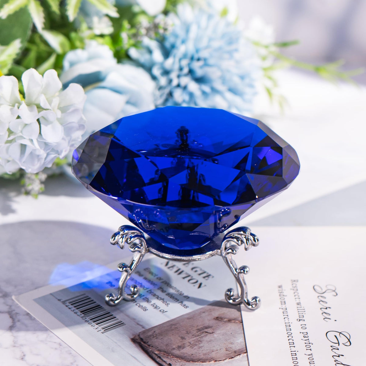QIANCHANG 80mm Blue Crystal Diamond Paperweight Large Faceted Glass Diamonds Prisms Jewels Gemstones for Home Wedding Table Decoration