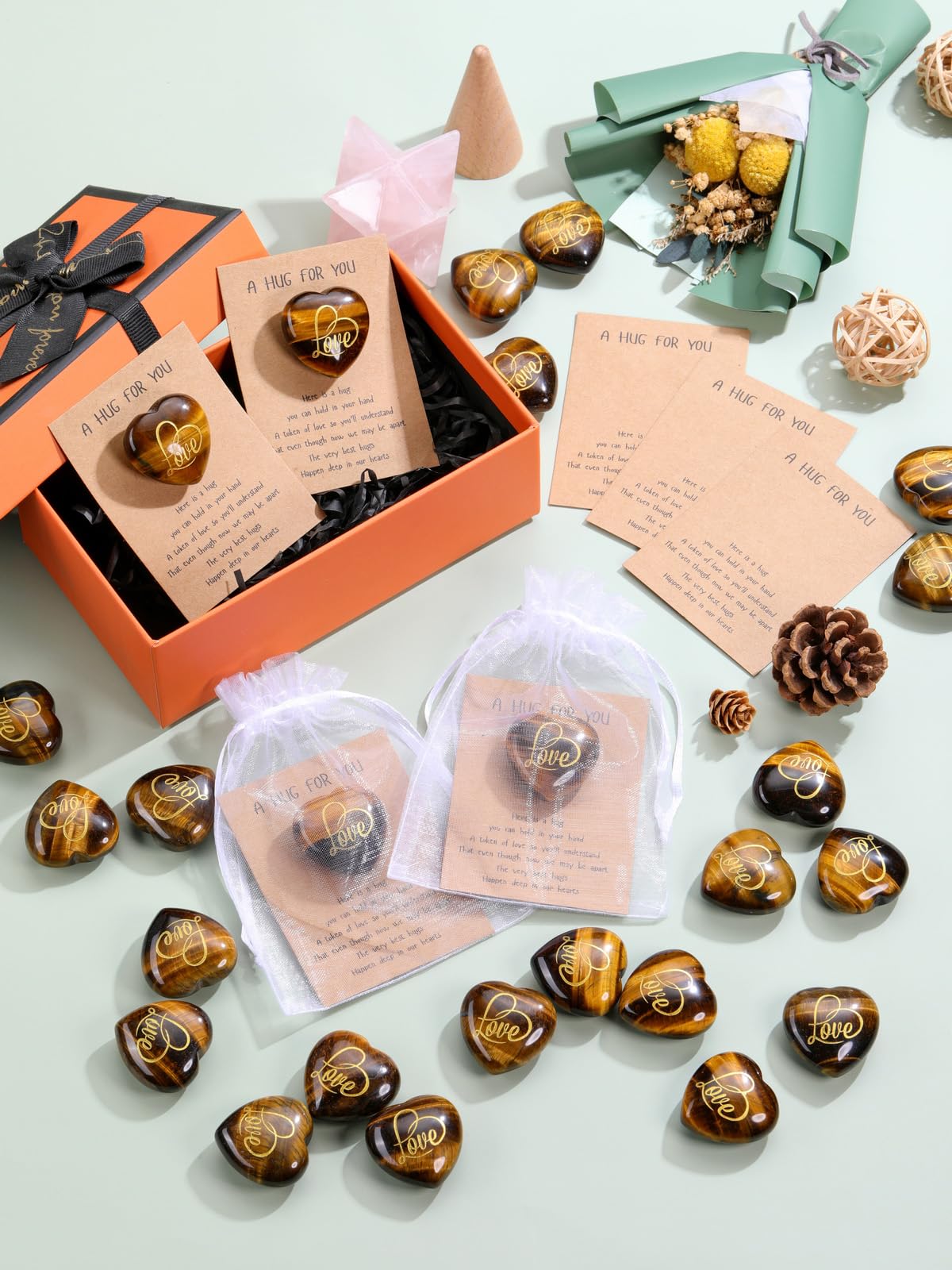 Jovivi Pocket Hug Heart Token,Natural Crystals and Healing Stones with Hug Cards Tiger Eye Love Heart Gemstone Gifts